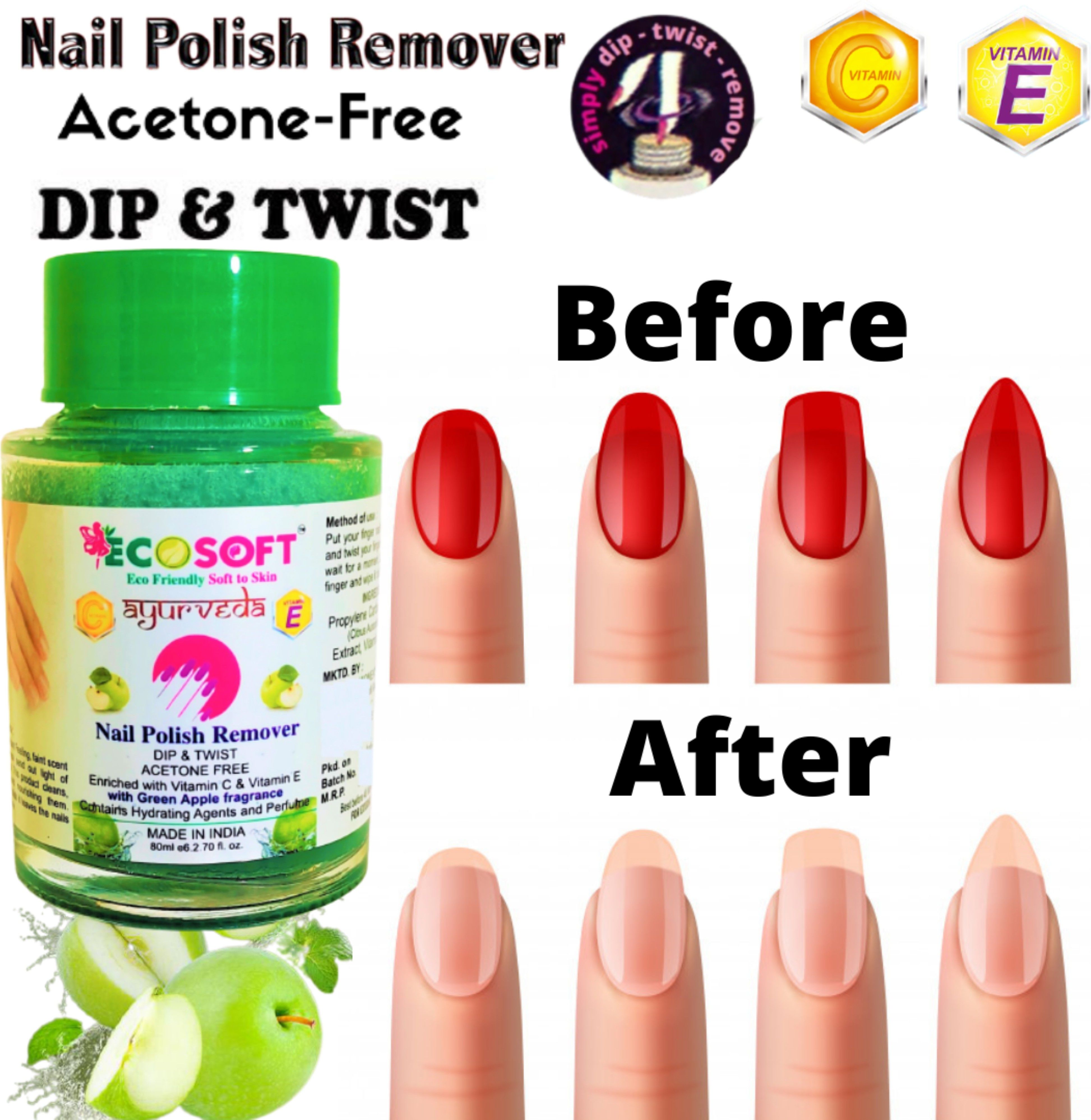 Contains Hydrating Agents & Perfume.unit of 1 ADVANCE NEW PACK No parabens. No sulphates. Only love! Made in India. Ultimate Premium Dip & Twist Instant Nail Polish Remover Nail Polish Remover - Acetone Free, Enriched with Vitamin C or Vitamin E with Green Apple Fragrance. Contains Hydrating Agents & Perfume.unit of 1-image-42