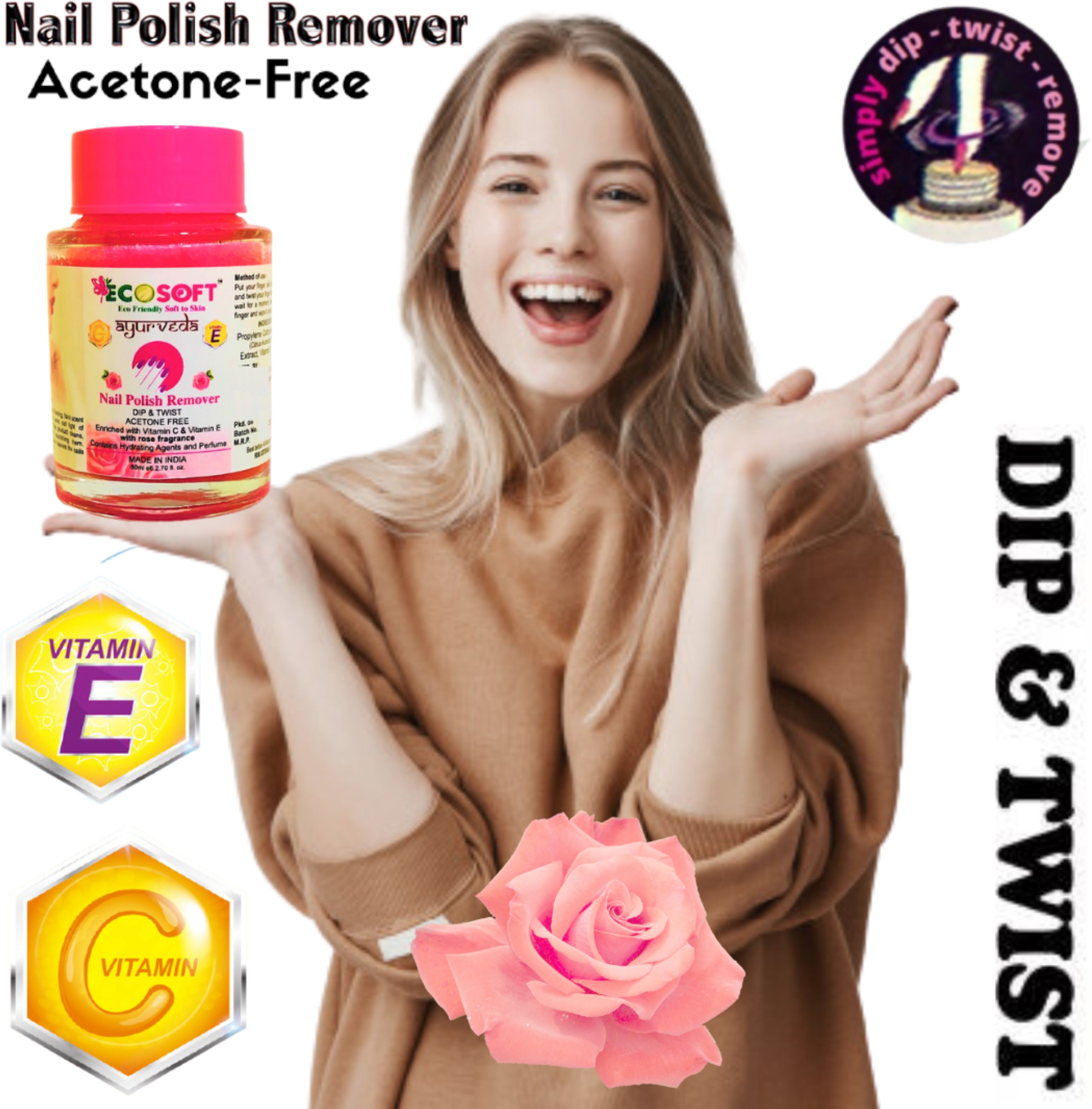 Vitamin E & Vitamin C and will not dry or damage your nails. It effectively removes nail polish in seconds without any mess. Ultimate Premium Dip & Twist Instant Nail Polish Remover Nail Polish Remover - Acetone Free, Enriched with Vitamin C or Vitamin E with ROSE Fragrance. Contains Hydrating Agents & Perfume. PACK OF 1-image-29