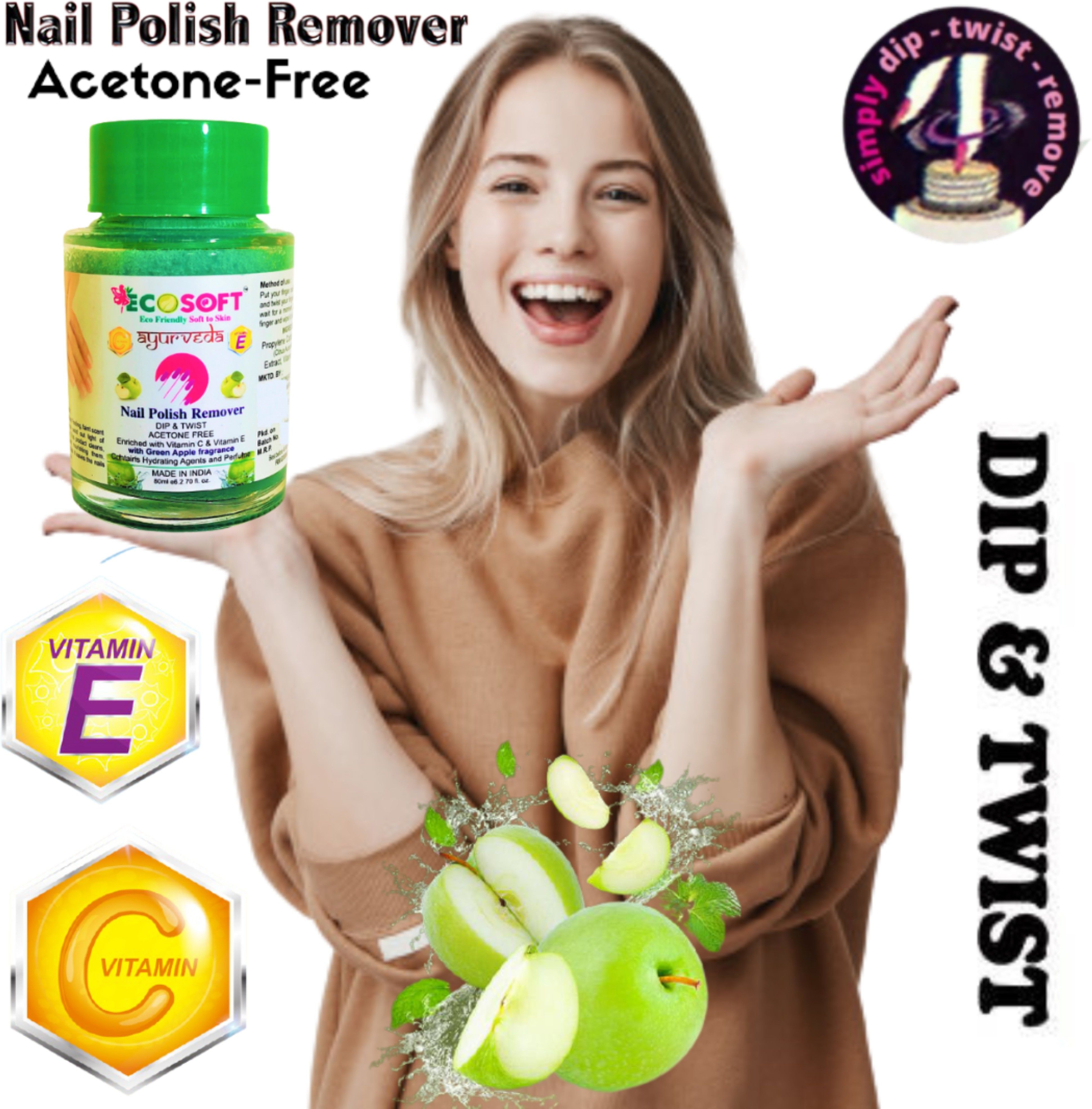 Nail Paint Remover The formula is contains Vitamin E & Vitamin C and will not dry or damage your nails. Ultimate Premium Dip & Twist Instant Nail Polish Remover Nail Polish Remover - Enriched with Vitamin C or Vitamin E with Green Apple Fragrance. Contains Hydrating Agents & Perfume. 1 PACK.-image-2