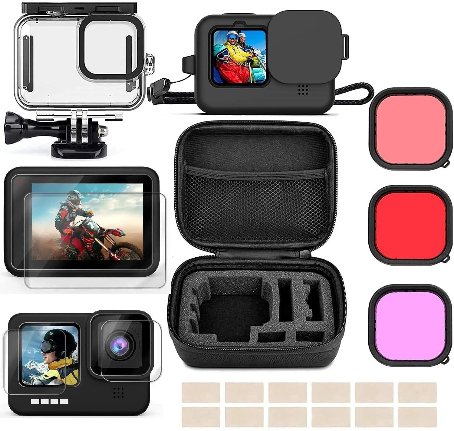 Adofys Action Camera Accessories For Gopro 9/10 Black with Waterproof Case+ Silicone Cover+Tempered Screen Protector+3 Lens Filters+Anti-Fog Inserts+Shockproof Small Case Bundle Strap-picture-19