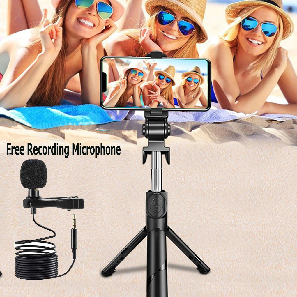 POZUB High Quality 3in1 Multi-Purpose Selfie Stick Tripod with Detachable Bt Remote Control + Lapel 3.5mm Collar Microphone wired mic plug & play condenser Lavalier microphone For Voice Recording Microphone Gaming Sound Recording Studio Recording Action Camera Stand in Gimbal Stabilizer, |in tripodmobile holder With Mobile Clip Holder & BT Remote Extendable Monopod Live Photo Holder Tripod With Three-Dimensional Head & Quick Release T9 Gorilla Tripod Mount Cum Multi-Use Selfie Stick Single Gimbal for Mobile image 1