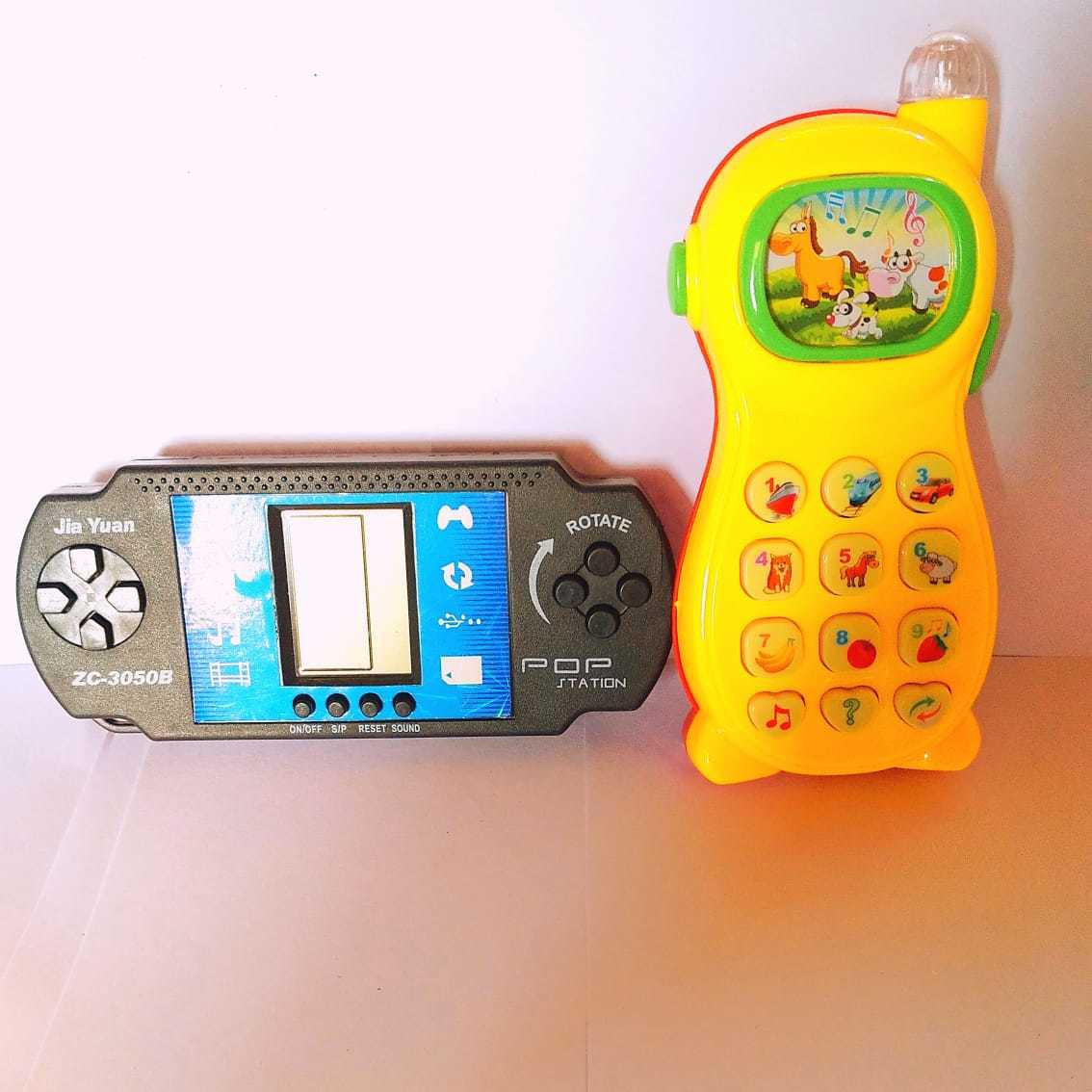 kmc kidoz combo Learning Mobile Phone With Projector & Gaming Pop Station Brain Training Brick Video With Music Hand Handled Brick Game Handheld Gaming Console image 1
