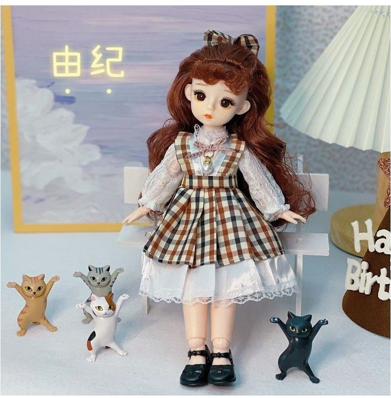 Set Movable 13 Joints Makeup Cute Girl Brown Eyes Fashionable Doll Check Print Dress for Kids Girls-image-8