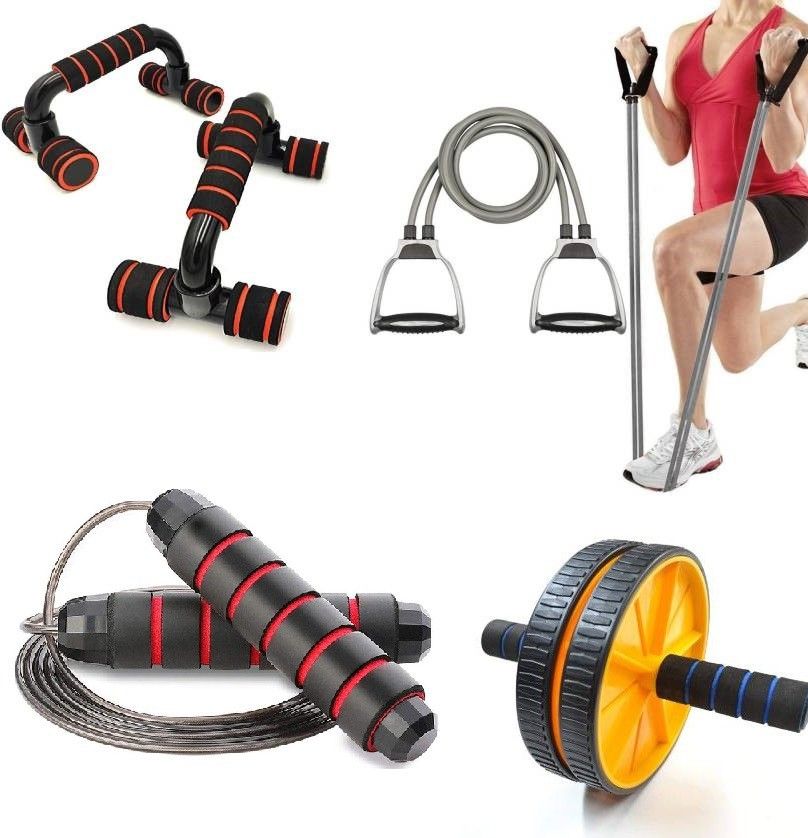 khargadham Premium Quality Combo Of Double Toning Tube&AB Roller&Jump Rope&Push Up Bar Fitness Accessory Kit Kit-picture-12