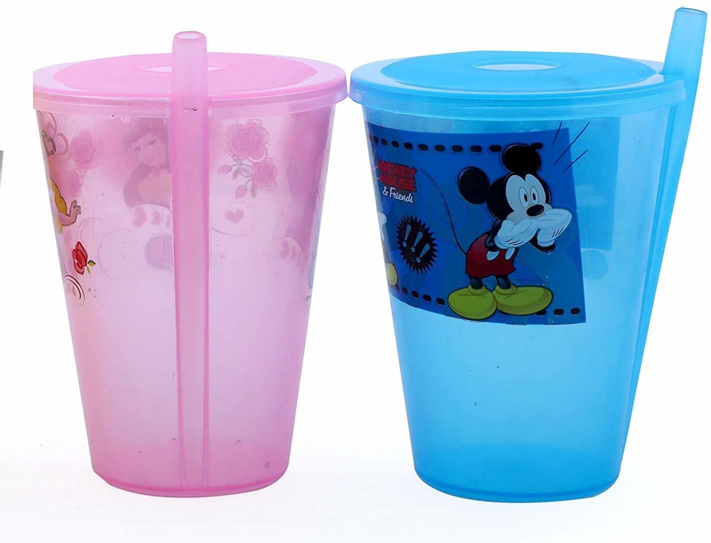Plastic Air Tight Glass with Sipper Lid & Straw for Kids, Dust-Free Cover Lid, Sipper Glass, Sipper Glass with Straw, Sipper Glass for Baby (Pack of 2)(Multi-Color) SH 24