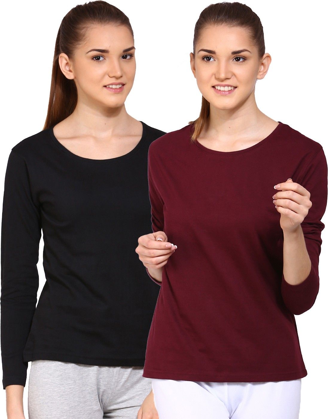 ap'pulse Pack of 2 Women Solid Round Neck Pure Cotton Black, Maroon T-Shirt-picture-24