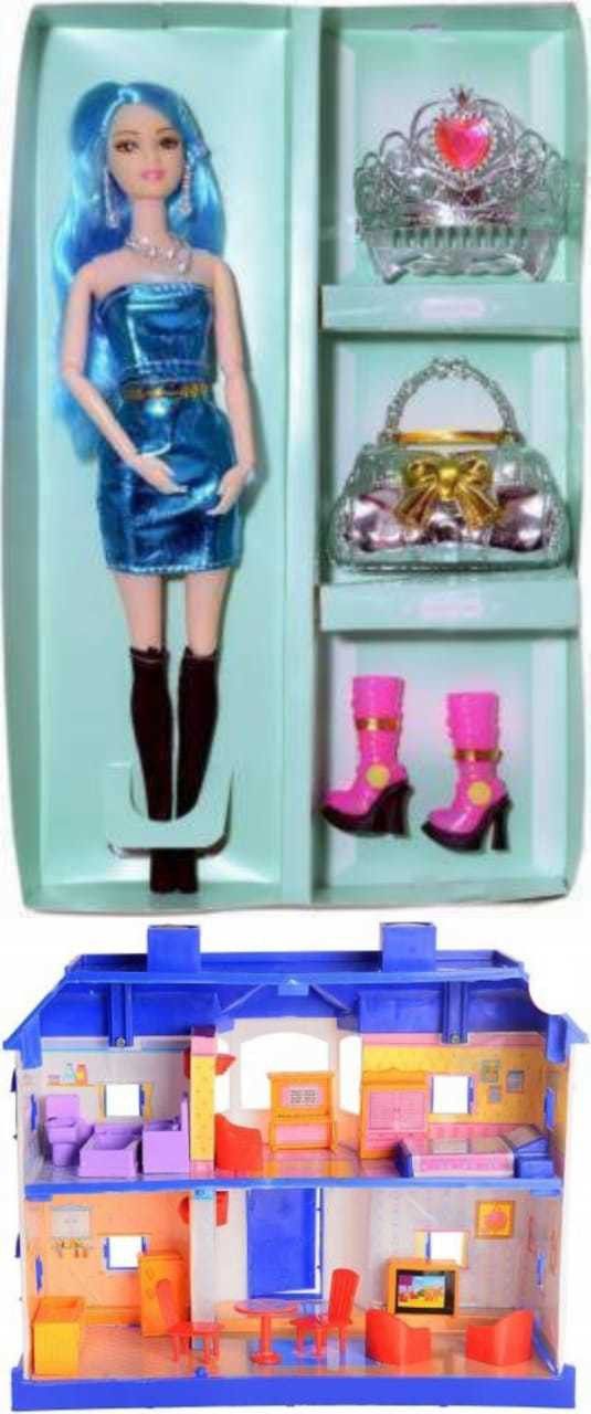 combo Baby Kids My Country Doll House Play Sets with Living Room , Bed Room, Bath Room, Dining Room & Doll Set with Foldable Hands and Legs for Girls-image-25