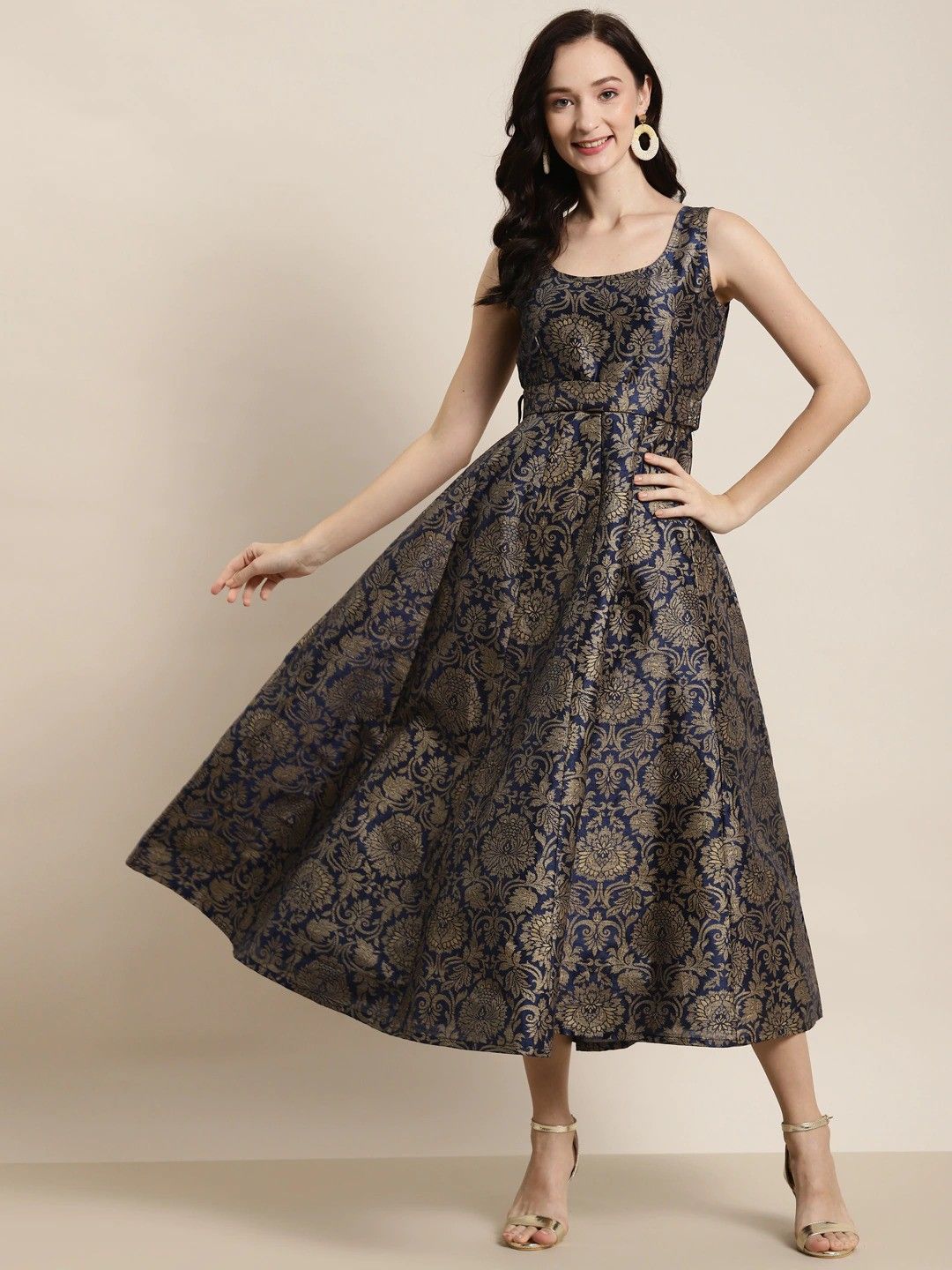 Women Fit and Flare Blue Ankle Length Dress-image-41