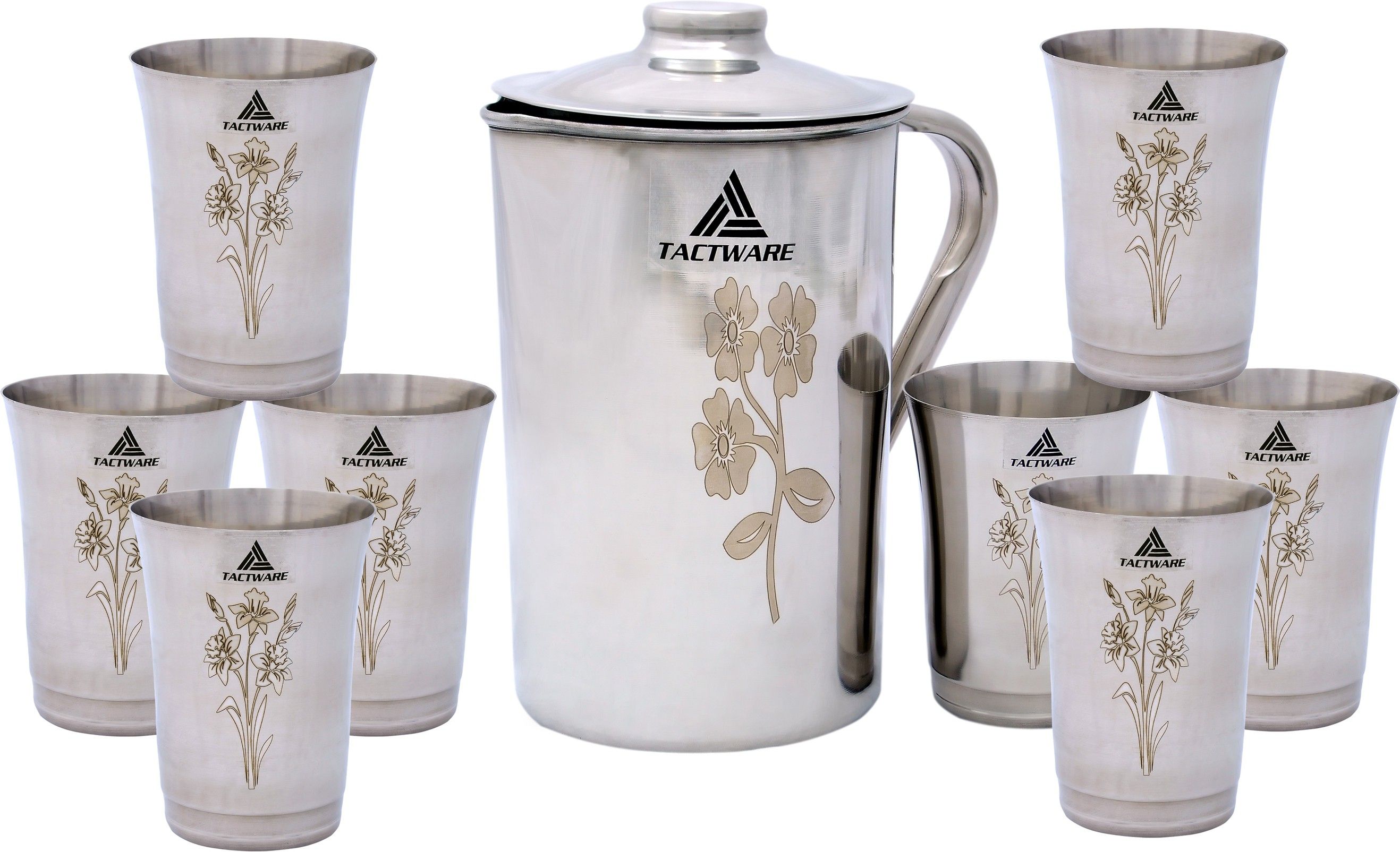 Flower Laser Print High Quality Stainless Steel 2 LTR Jug + 8 Glass Jug Glass Set