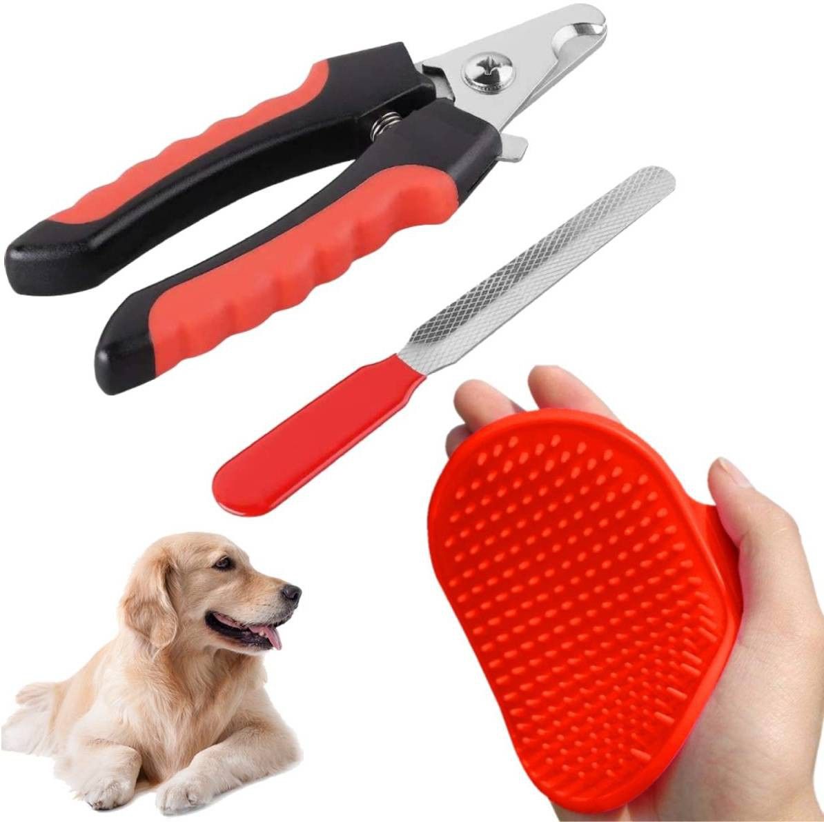 Professional Grooming Combo for Dog, Puppy, Cat and Kitten - Dog Nail Clippers and Trimmer + Pet Bath Brush Grooming Comb with Adjustable Ring for Small Medium Large Breeds – Pack of 2 (Color May Vary) Grooming Gloves for Dog, Hamster, Rabbit, Cat, Dog & Cat