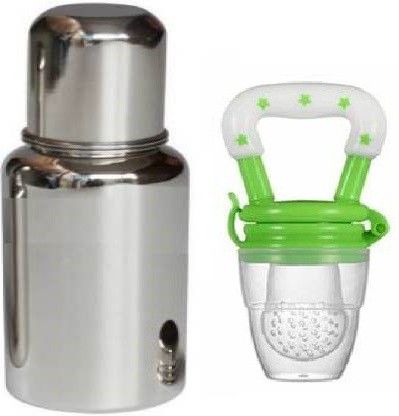 Stainless Steel silver Baby Feeding Bottle for Milk Easy to Hold Design 304 Food Grade Silicon Nipple With Fruit Feeder, 250 ml - 250 ml (Silver) (pink) - 250 ml-image-32