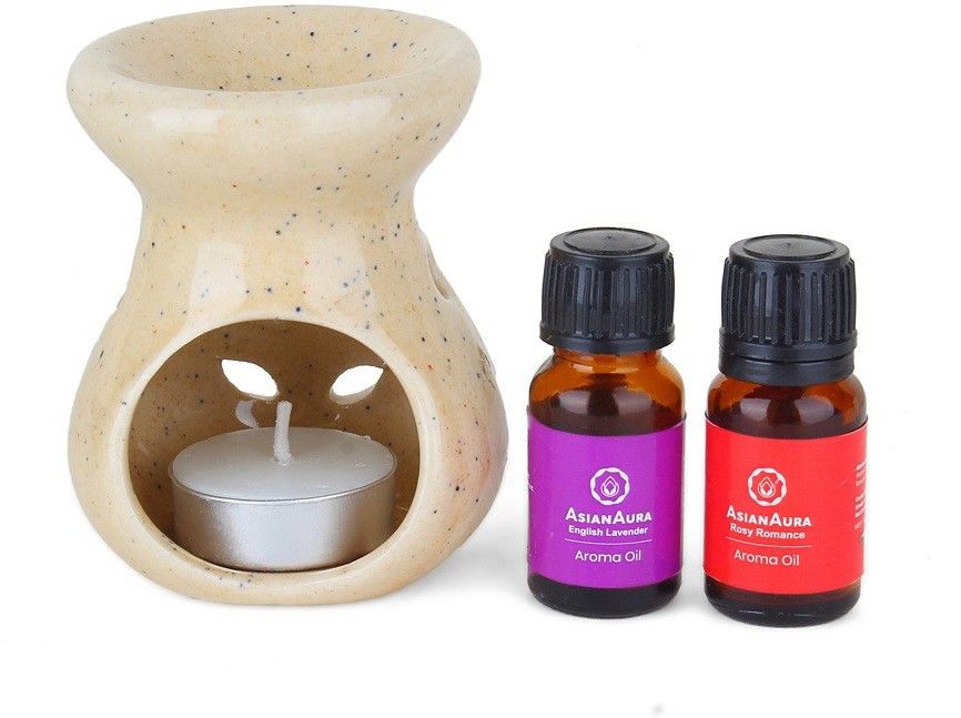 asian aura Aroma Oil Burner Leaf Cut Design with 1 Candle & 2 Fragnance oil (English Lavender & Rosy Romance) Gift Set for Home Fragnance, Brown Diffuser Set-picture-17