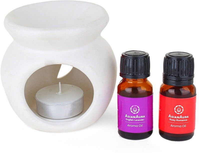 Aroma Oil Burner Moon Cut Shape with 1 Candle & 2 Fragnance oil (English Lavender,Rosy Romance) Gift Set for Home Fragnance, White Diffuser Set-image-23
