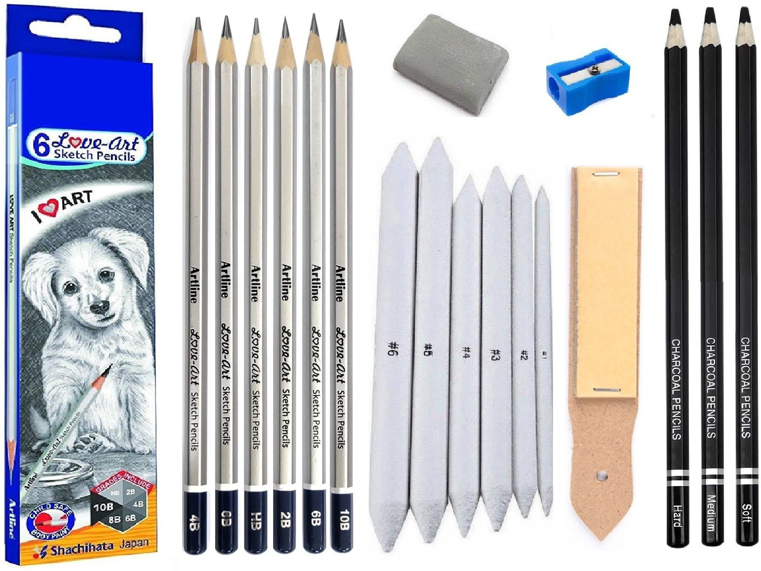 Artline Set of 6 Love-Art Sketch Pencils + 3Pcs Black Charcoal Pencils (Hard, Medium and Soft) with Sharpener + Blending/Smudging Stumps Set of 6 (Size 1 to 6) + Sand Paper Pencil/Stump Sharpener + One Kneadable Eraser for Graphite and Charcoal Pencils-image-31