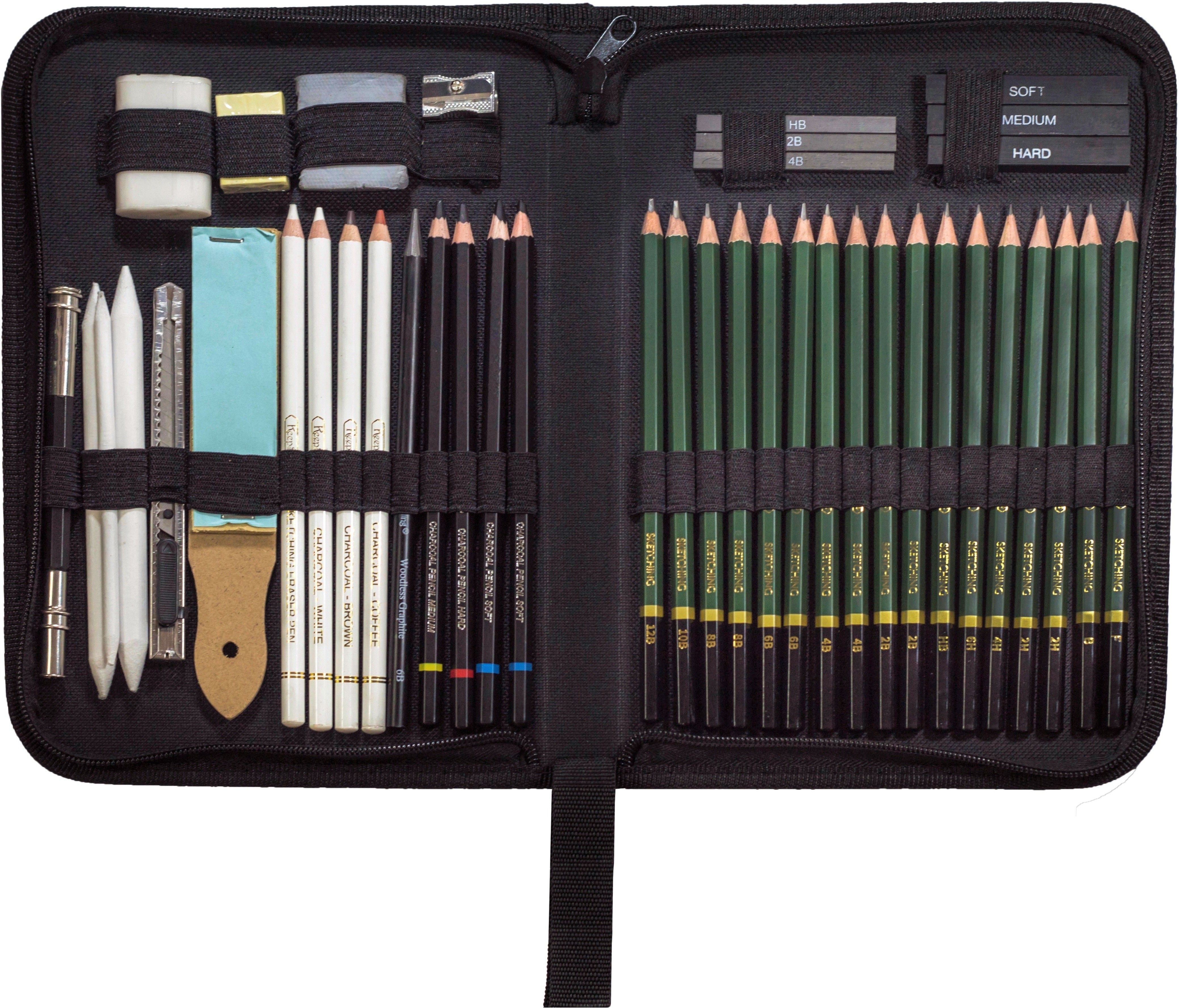 Art 42 Pcs Sketching and Drawing Professional Art Tool Kit Set - 17 X Graphite Pencils, 3 X White Paper Stumps, 4 X Black Charcoal Pencils (2 Soft, 1 Medium and 1 Hard), 1 X White, 1 X Coffee, 1 X Brown Charcoal Pencil, 1 X Sketch Eraser Pencil, 1 X Woodless Graphite Pencil(6B), 1 X Sand Paper Paddle, 1 X Twin Side Pencil Extender, 3 X Compressed Charcoal Stick (Hard, Medium and Soft), 3 X Graphite Sticks (HB, 2B and 4B), 1 X Kneadable Eraser, 2 X Eraser, 1 X Sharpener and 1 X Utility Knife with Zippered Carrying Case.-image-26