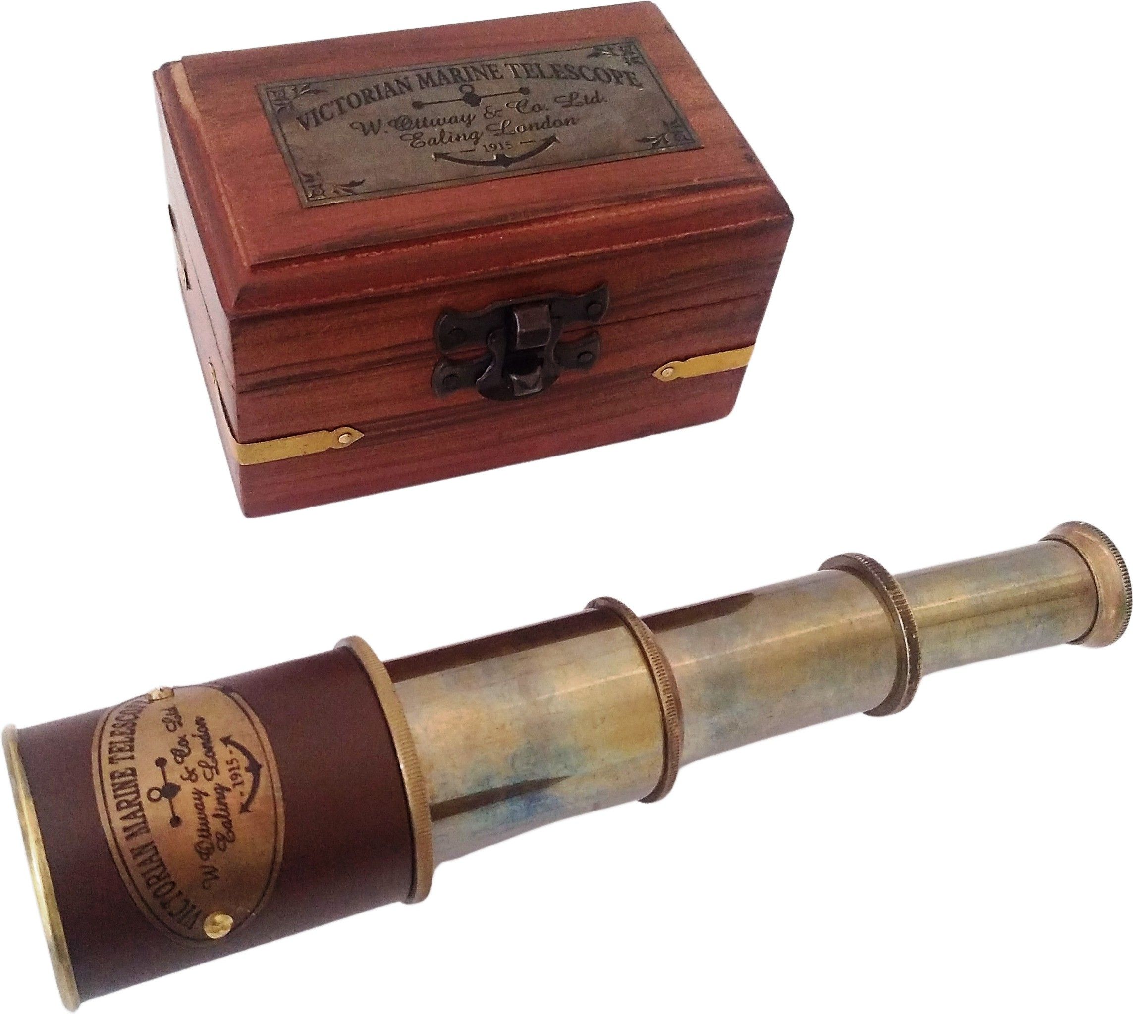Shoptreed Antique Finish 4 fold 7" Victorian Marine Brass Telescope with Brown Leather in Wood Box Catadioptric Telescope