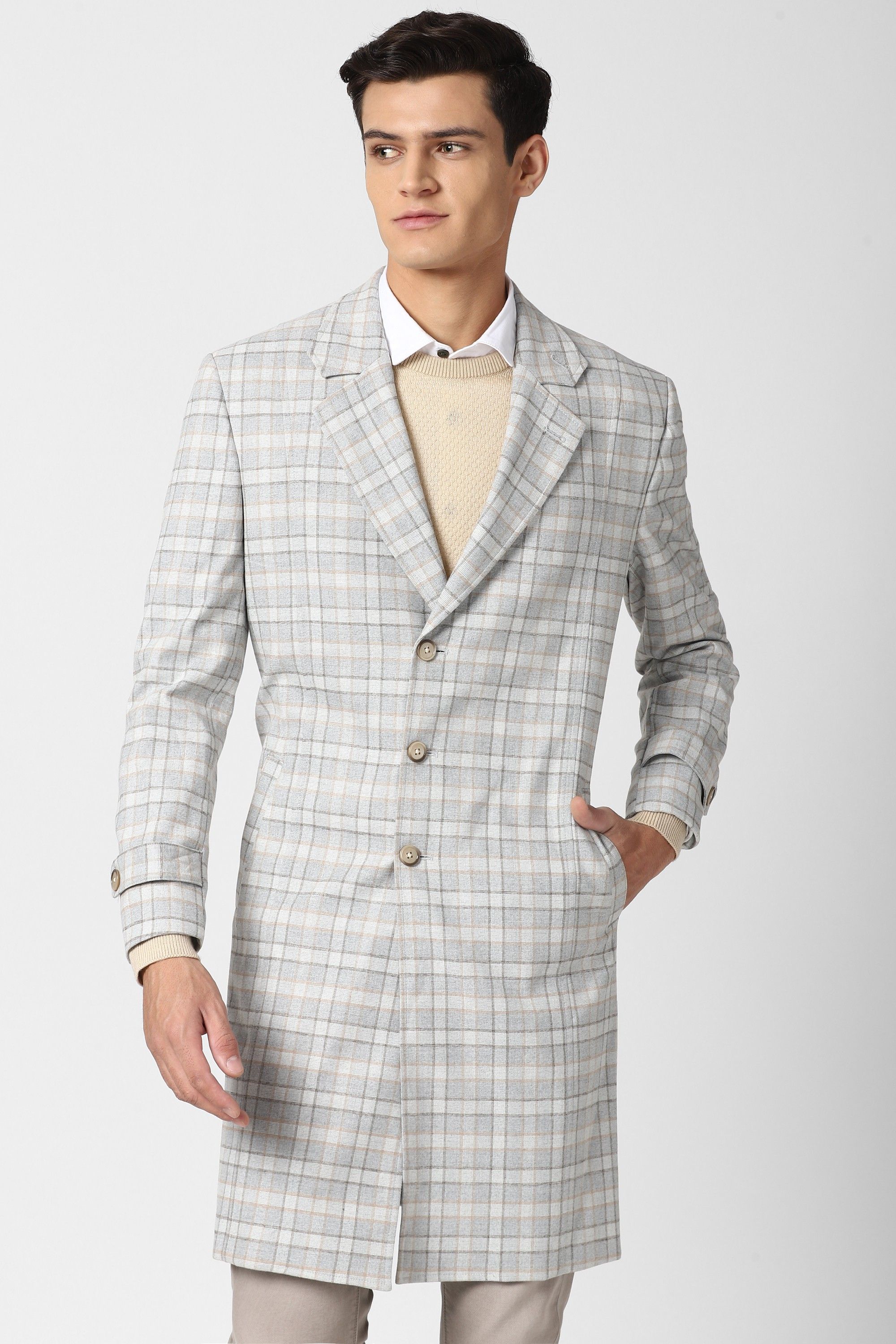Polyester Viscose Blend Checkered Coat For Men
