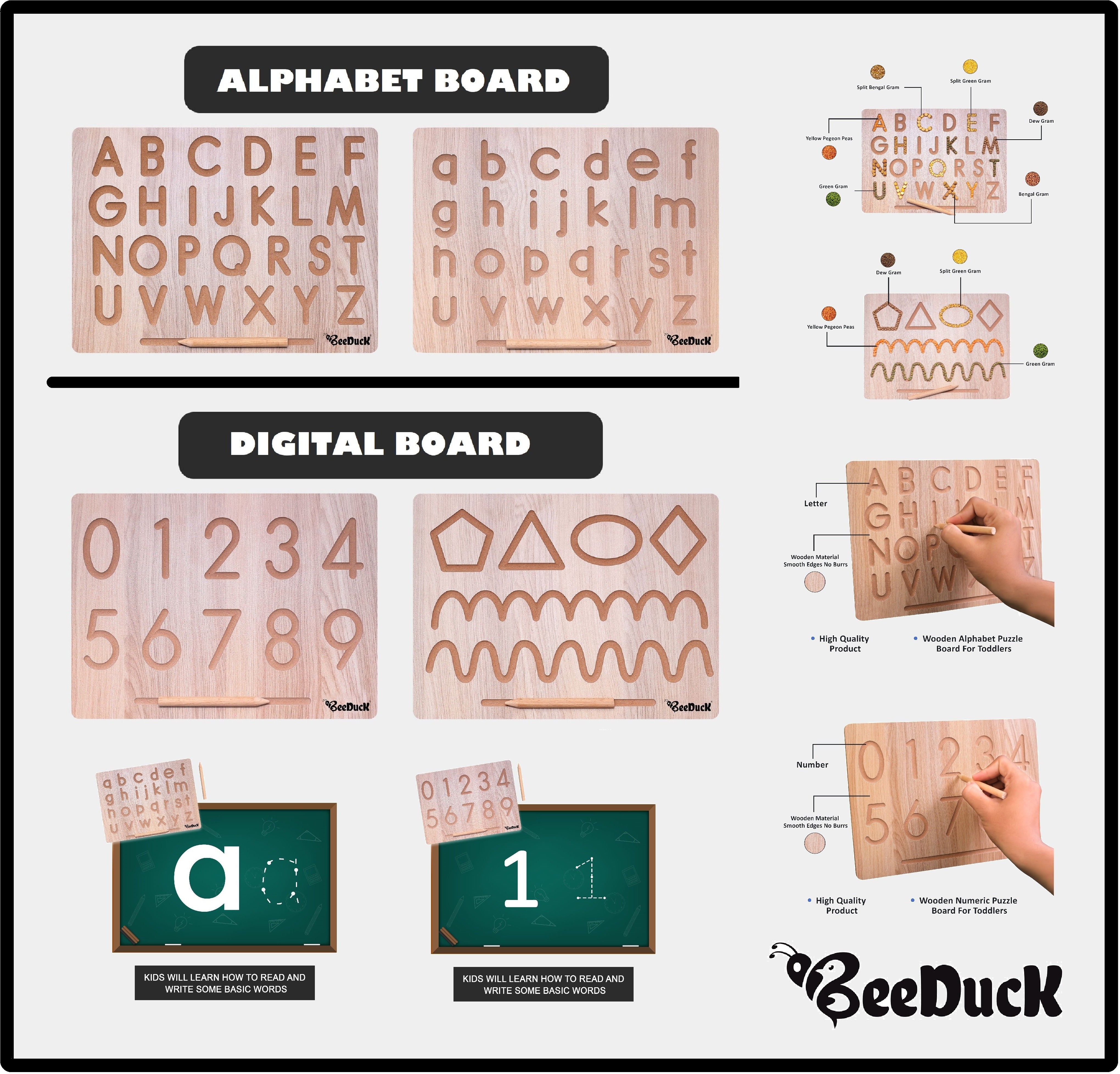 4 IN 2 Combo Learning & Educational Wooden Board | Capital Word "ACBD" and Small Word "abcd" and "0 To 9" Number & 6 Type of Curve Patten | Alphabet Board & Digital Board | Wooden toys | Learning and Educational Toys | Puzzle Toys | Letter Educational Slate | Learning & Educational Board, Hand Writing Tracing Board for 2+ Years Old Kids-image-35