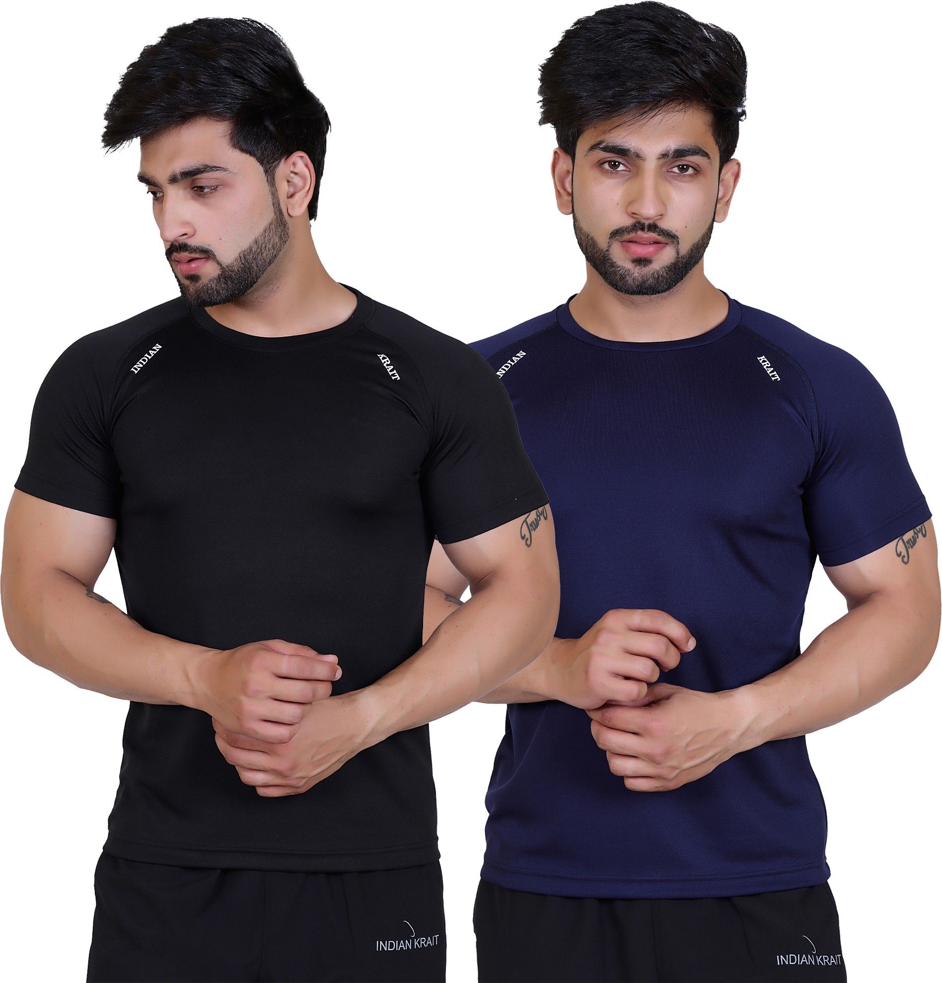 indian krait Pack of 2 Men Solid Round Neck Polyester Blue, Black T-Shirt-picture-20