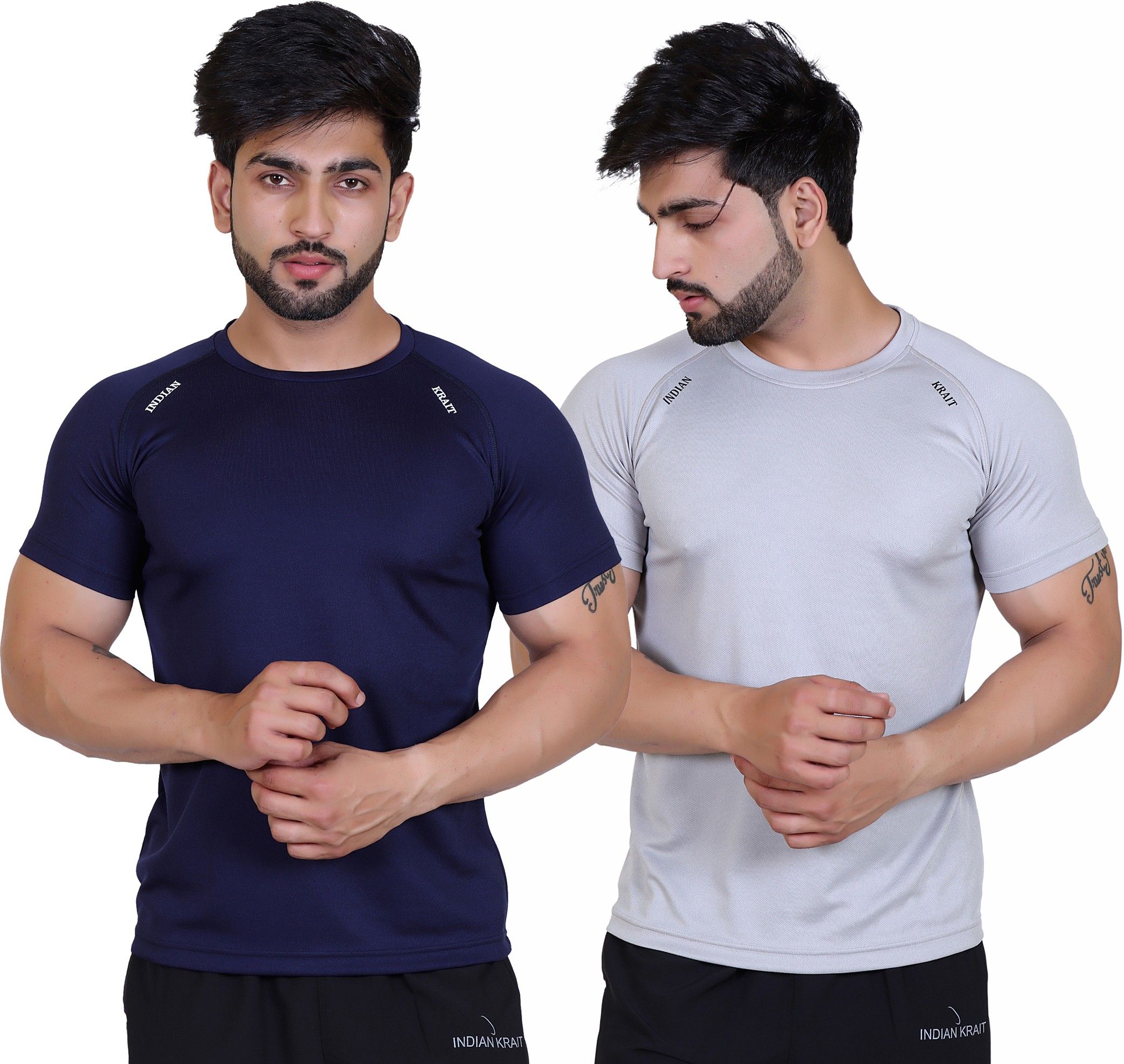indian krait Pack of 2 Men Solid Round Neck Polyester Blue, Grey T-Shirt-picture-26