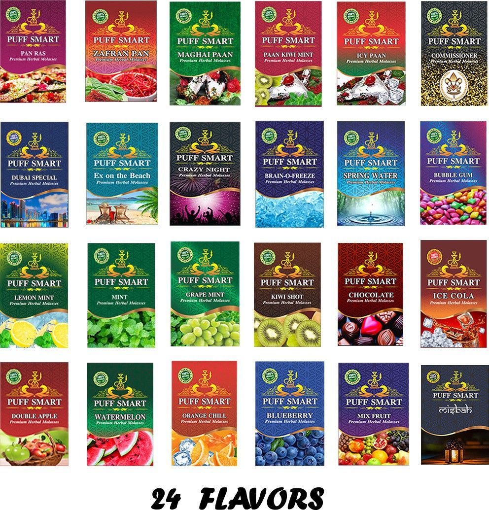 puff smart Hookah Pack Of 24 Flavors Pan Ras, Brain o freeze, Zafran Pan, Spring Water, Watermelon, Dubai Special, Paan Kiwi Mint, Icy Pan, Ice Cola, Orange Chill, Chocolate, Grape Mint, Mint, Commissioner, Crazy Night, Blueberry, Double Apple, Kiwi Shot, Mix Fruit, Lemon Mint, Ex on the Beach, Maghai Pan, Bubble Gum, Misbah Hookah Flavor-picture-18