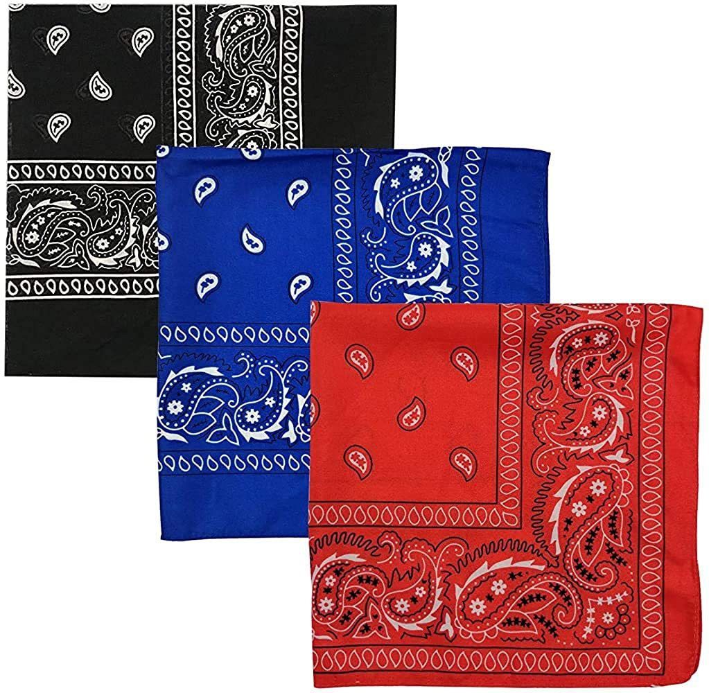plutoprom novelty cowboy PRINTED BANDANA Handkerchief (Pack of 3] ["BLACK RED ROAYAL BLUE"] Handkerchief