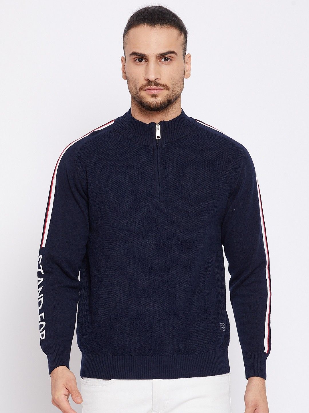 Men Striped Crew Neck Dark Blue Sweater-image-41