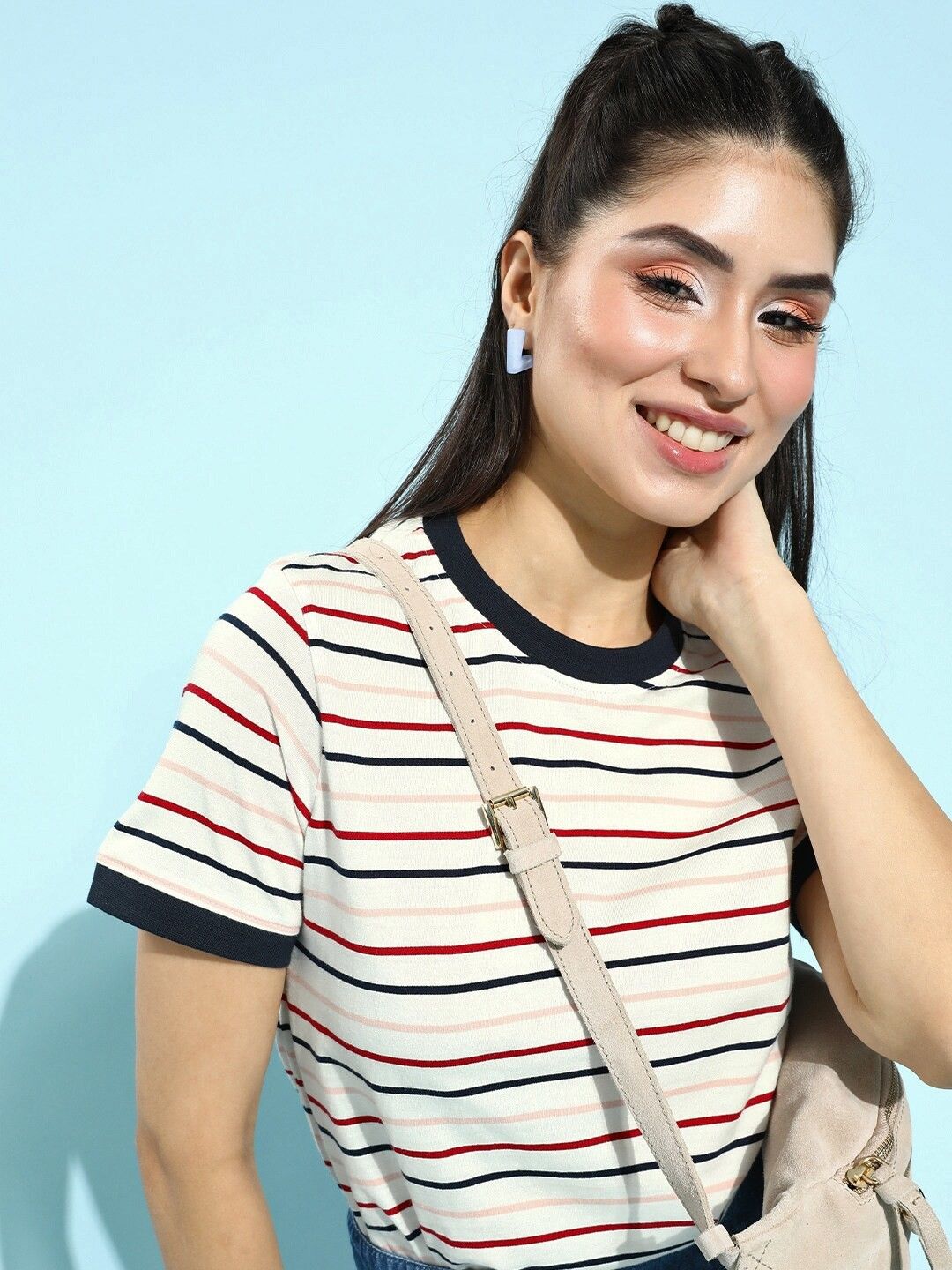 Women Striped Round Neck Pure Cotton White T-Shirt-image-22