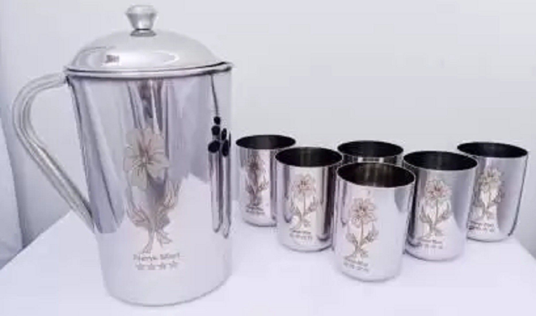 HIGH QUALITY FLOWER LASER Jug With 6 Pipe Shape Jug Glass Set