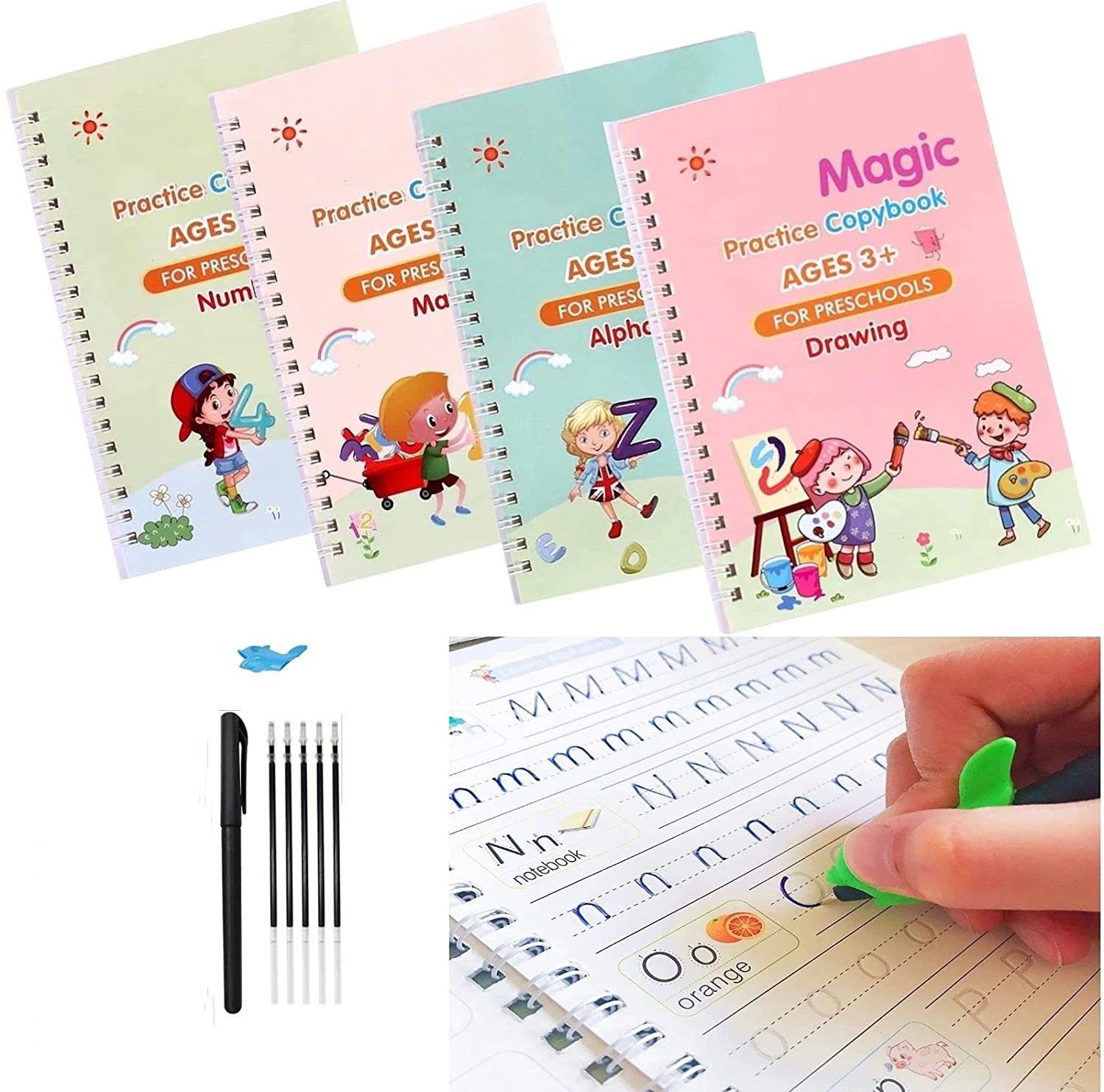 4 PCS Sank Magic Practice Copybook for Kids,Magic Calligraphy That Can Be Reused Tracing Handwriting Copybook Set,English Writing Practice Book for Kid (Book + 5 Refills Set) Mini Notebook Ruled 40 Pages-image-36