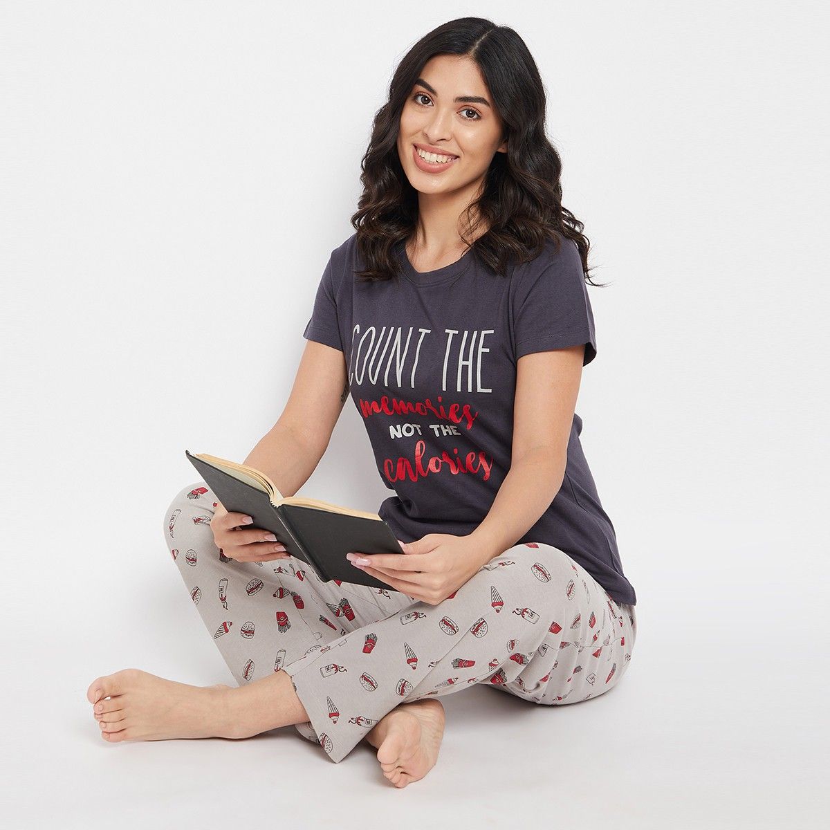 clovia Women Top & Pyjama Set Grey Printed-picture-11