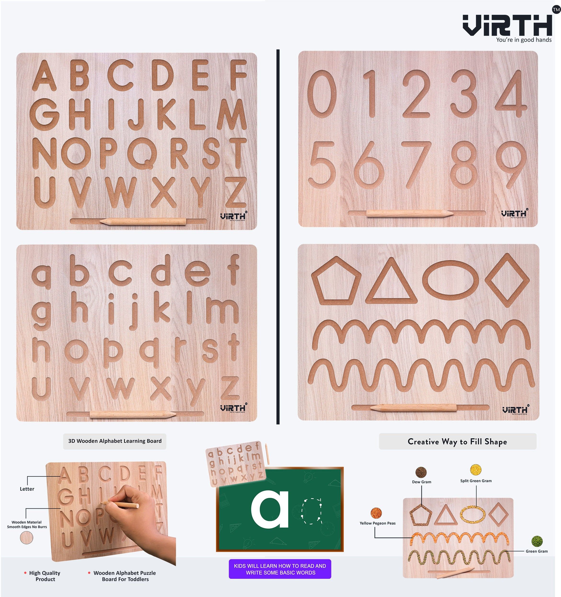 English Wooden Alphabet and Number & Patten Tracing Board with Dummy Pencil | Capital Word "ACBD" and Small Word "abcd", Number & Patten | Educational Puzzle Toys | ABCD 123 Tracing Board | Letter Educational Slate | Learning Board, Educational Tracing Board, Hand Writing Tracing Board Alphabet Practice Board for Kids(Child) for 2+ Years Old Kids