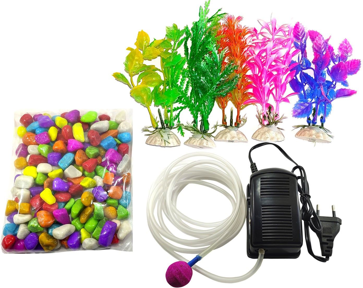 Aquarium Decoration combo kit for Fish Tank Bowl Decor Multi Pack Air Pump,air tubing, Air Stone,Plant 5 nos (Multi Color Stones 1 kg) Air Bubble Arrangement In aquarium River Rock Planted Substrate-image-4