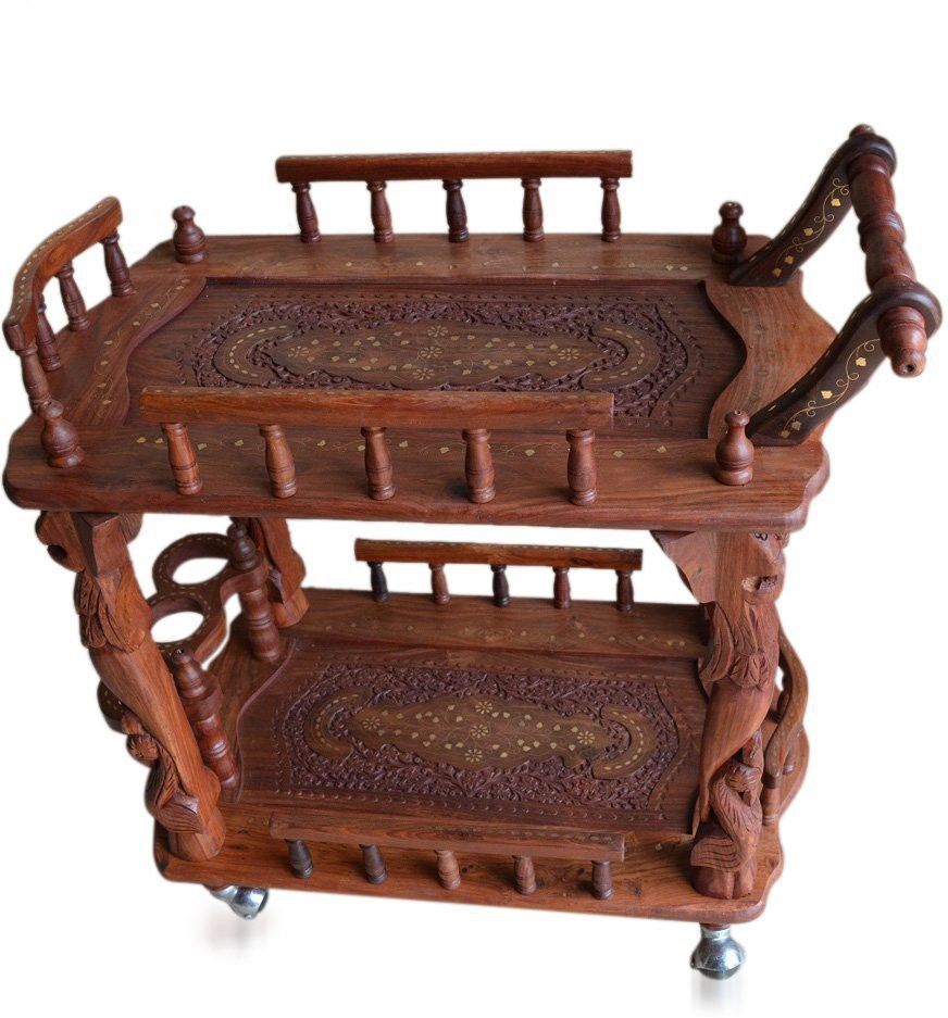 smarts collection Food Serving Trolley Wine Trolley Service Trolley Woods Hand Carved Antique Style Wooden Service Bar Trolley of sheesham wood Wooden Kitchen Trolley-picture-11