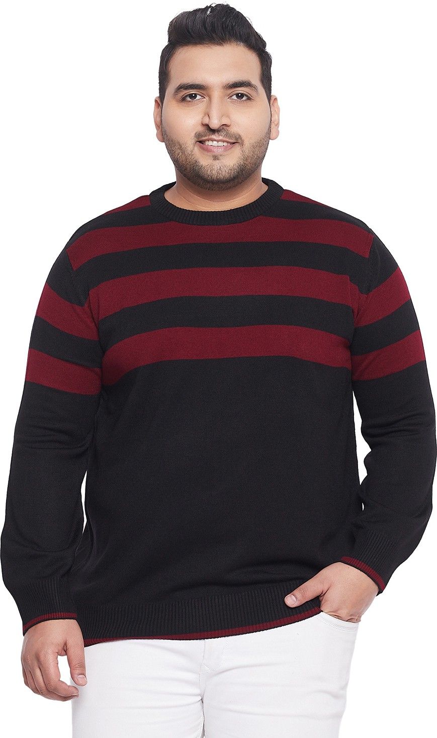 bigbanana Men Woven Round Neck Black, Maroon Sweater-picture-12