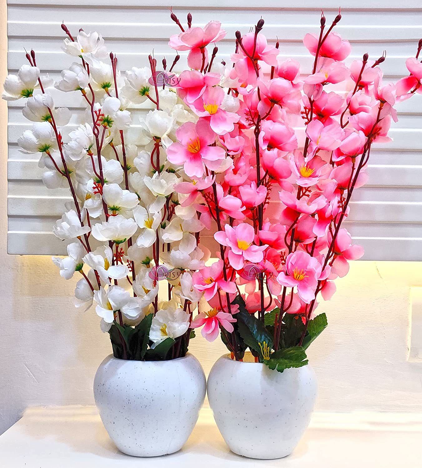 Artificial Flowers Cherry Blossom Pack of 2 peices Combo Pink, White White, Pink Orchids Artificial Flower with Pot-image-8