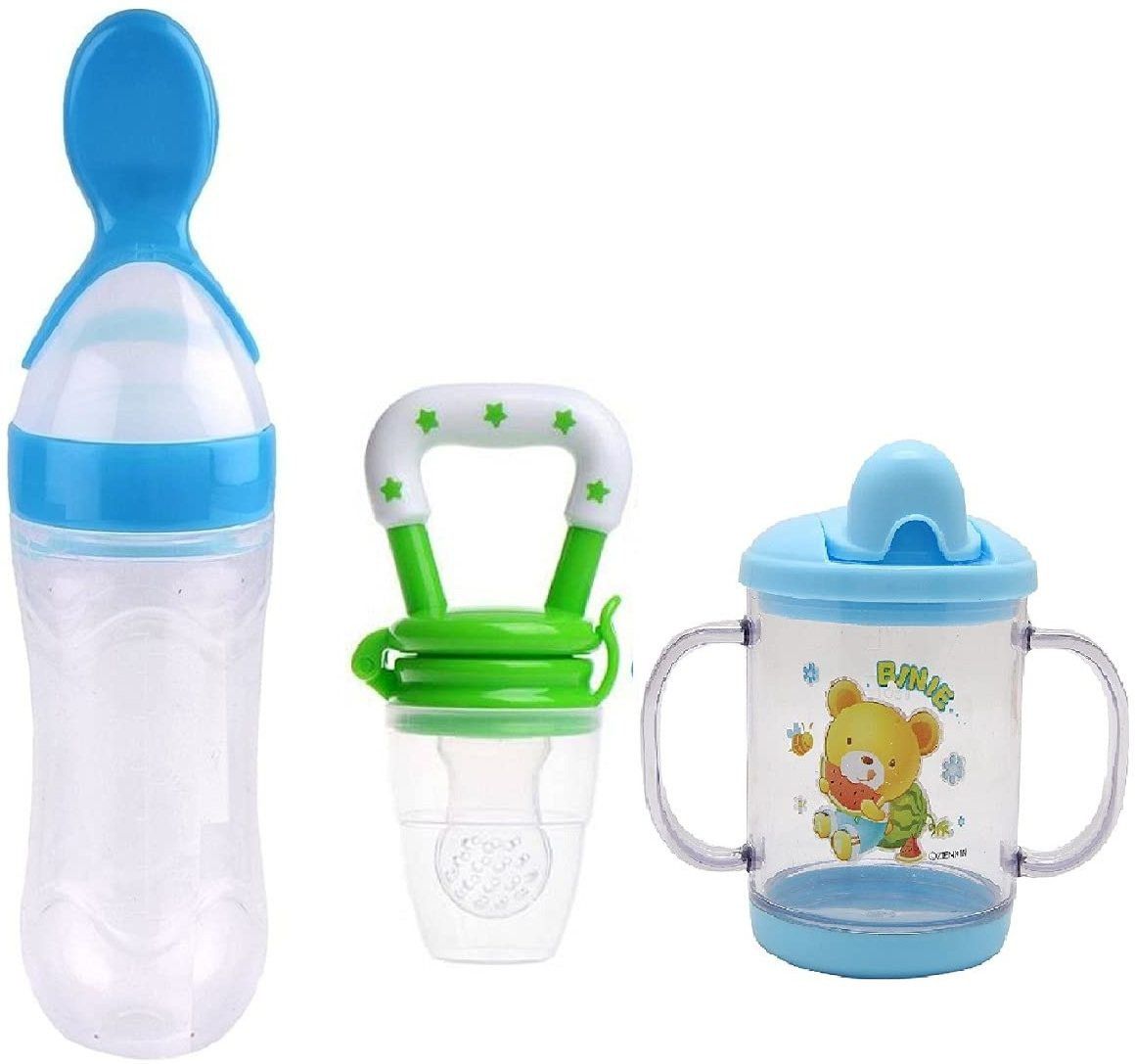 wahhson Combo of 3 Baby Safe Silicone Squeeze Fresh Food Feeder Bottle with Food Dispensing Spoon, Infant Food Nibbler Teething Toy Feeding Pacifier and Plastic Sipper Cup-240ml (Multi 1) - 240 ml-picture-23