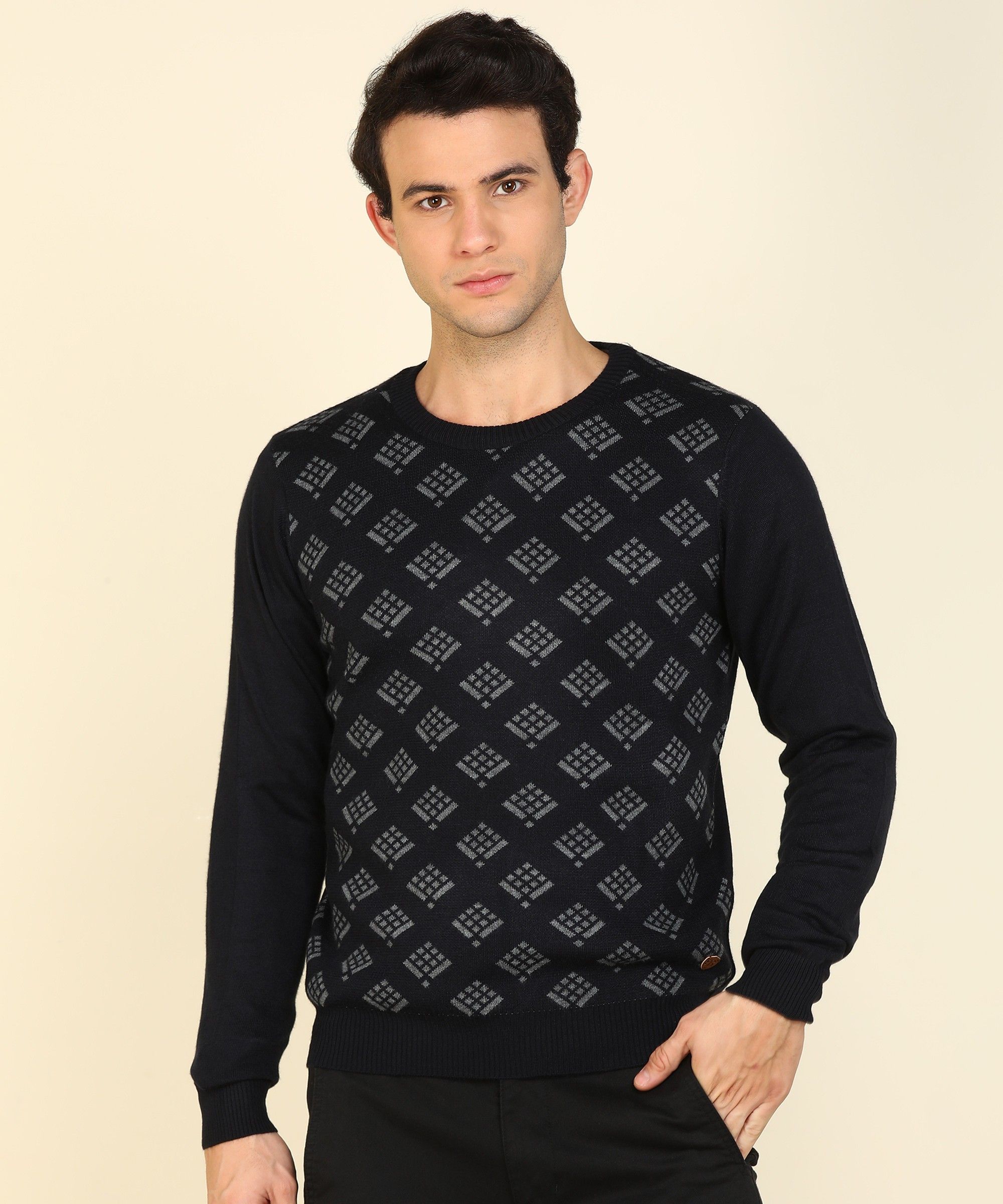 raymond Men Self Design Round Neck Black Sweater-picture-15