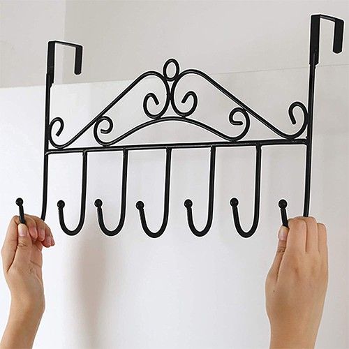 Over The Door Hanger with 7 Hooks for Clothes Purses Towel Scarf Belt Hat etc. Metal Hanging Rack Organizer NO Hole Drilling Require Door Hanger