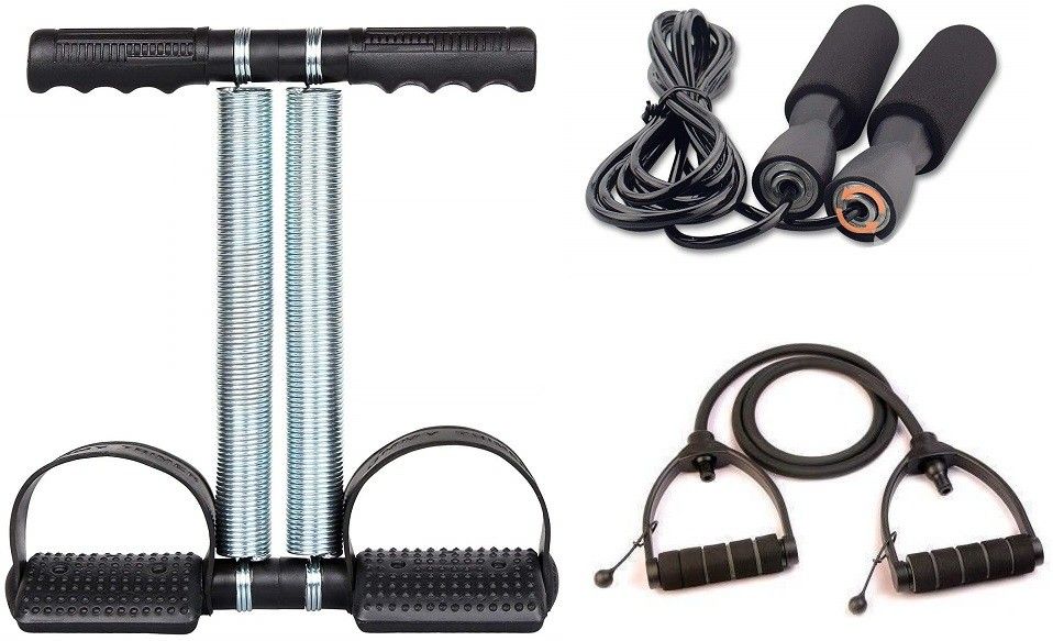 sun shadow Combo Of Double Spring Tummy Trimmer, Skipping Rope And Adjustable Single Toning Tube Exercise Strength Training Home Gym Equipment Fitness Body Toner for Men and Women Fitness Accessory Kit Kit-picture-12