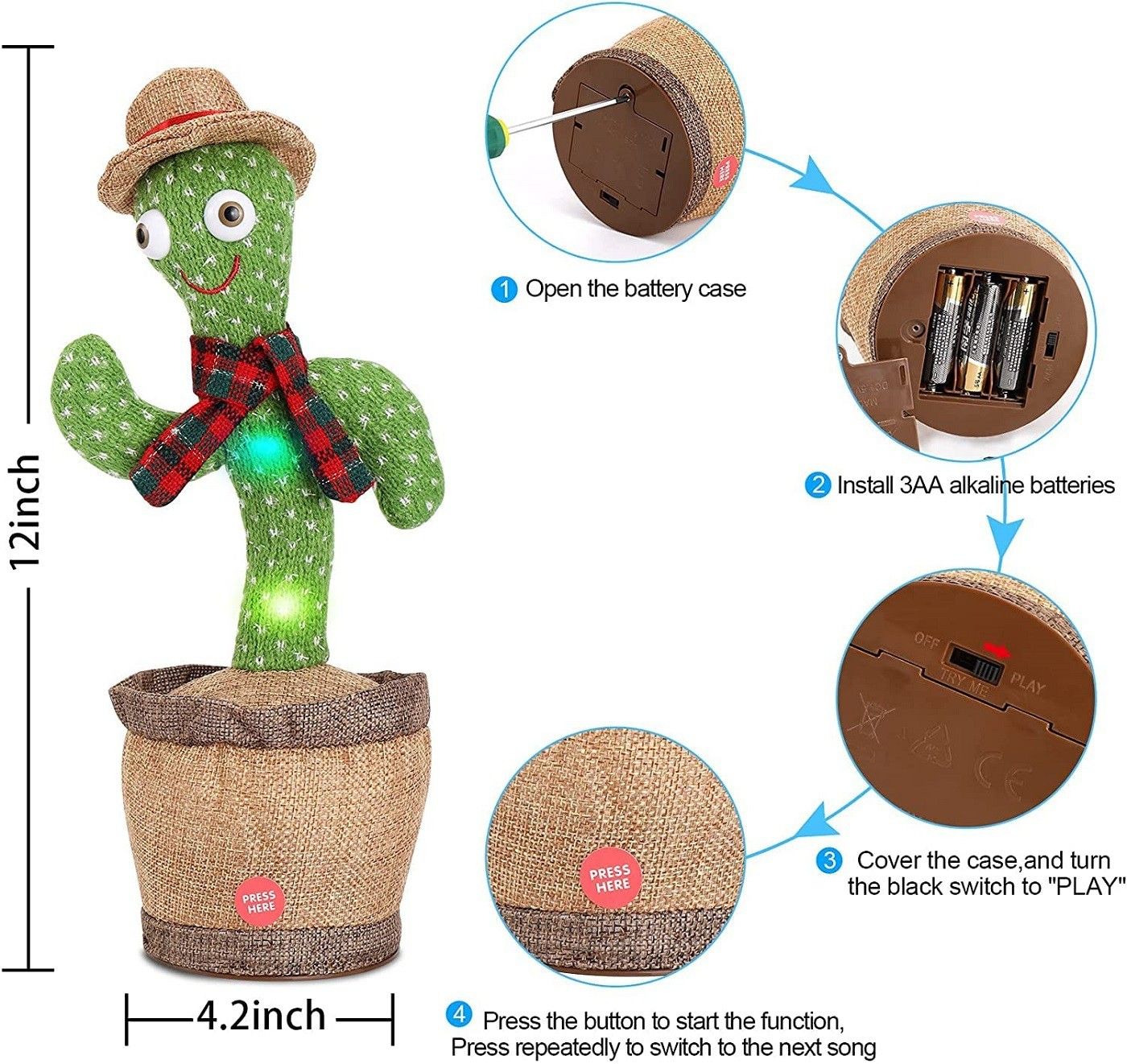 domnikyas Dancing Cactus with Lights Up Talking Singing Toy Decoration Rechargeable Dancing Cactus Plush Toys Same Talking Tom Toy Funny Early Interesting Childhood Education Toys for Kids Dancing Cactus Repeat, Talking Dancing Cactus Toy, Repeat+Recording+Dance+Sing, Wriggle Dancing Cactus Repeat What You Say and Sing Electronic Cactus Toy Decor for Kids Adult Multi color (Green, Brown)-picture-13