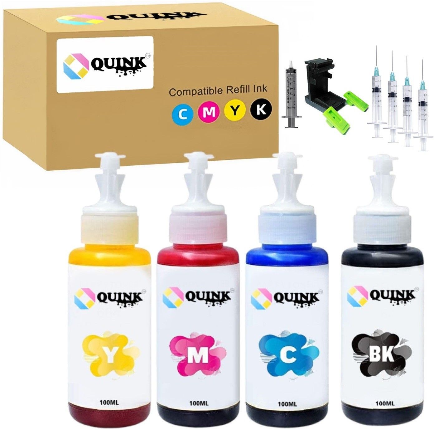 QUINK 805 Refill Ink for HP Cartridges 802 678 901 818 21 22 680 27 703 704 803 685 862 920 808 960 - 100ml Black + Tri Color Combo Pack Ink Cartridge-image-12
