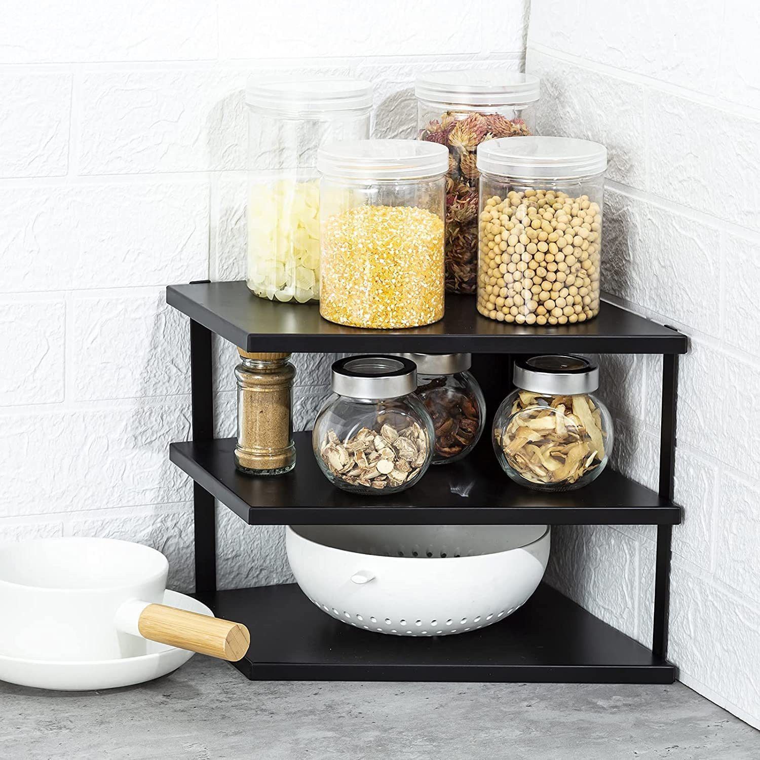 Utensil Kitchen Rack 3-Tier Counter-top Kitchen Corner Organizer Shelf Spice Rack, Cabinet Organizer Bathroom Counter-top Triangle Shelves Iron-image-37