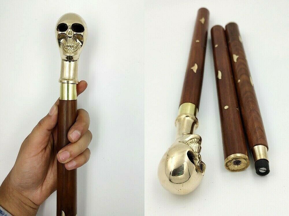 ascent india Brass Skull Handle Wood walking stick cane 3 part easily open Walking Stick-picture-20