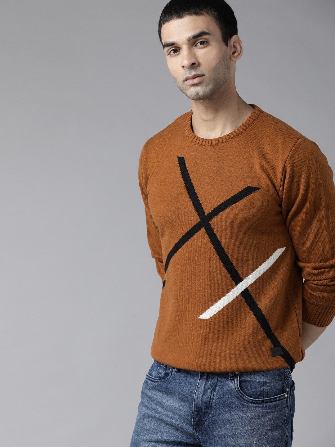 roadster Men Striped Round Neck Brown Sweater-picture-10