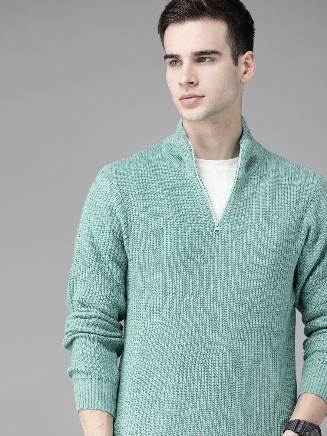 roadster Men Striped High Neck Green Sweater-picture-44