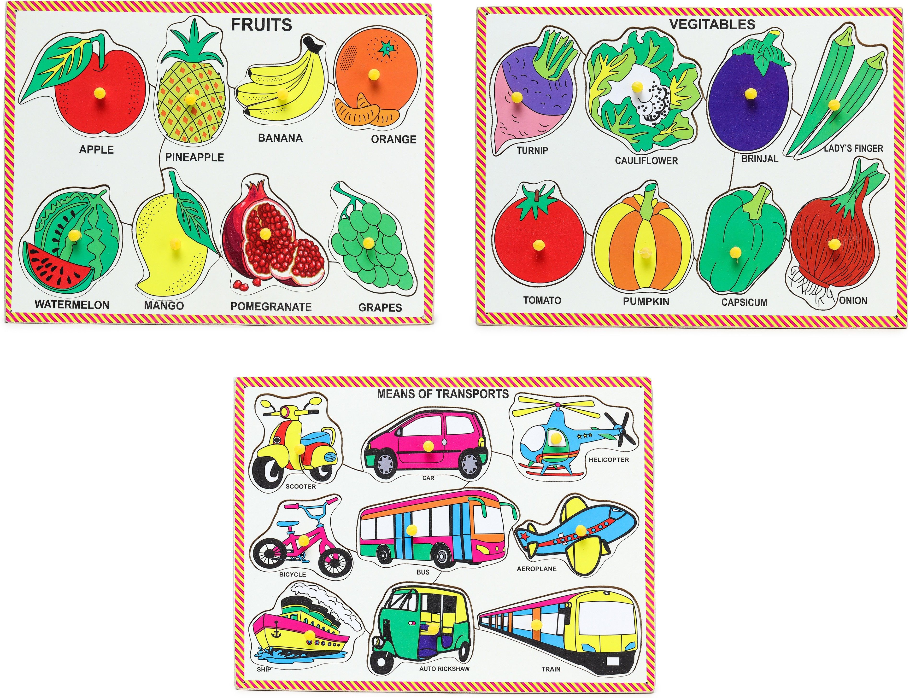 Wooden Non-toxic Combo Fruits & Vegetables & Transports Pictures with Knobs pegged Pack of 3 Board Learning & Educational Tray Jigsaw Puzzle for Kids Pre-School Toddlers Age 2 and Above Size 9 x 12 Inch-image-15