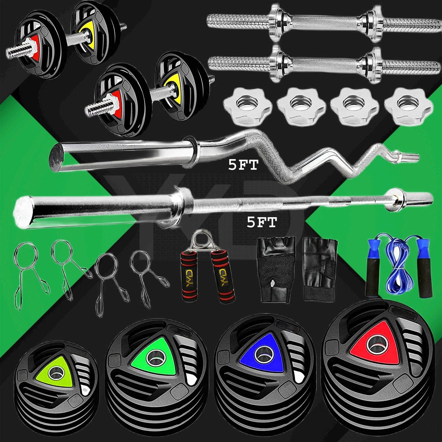 ymd 10 kg Metal Integrated Rubber Plates (2.5KGX4) + 5FT Curl & 5FT Straight 28mm Rod + 2 Dumbbell Rod + Hand Gloves + Skipping Rope + 4 lock + Hand Grip + Home Gym Combo-picture-21