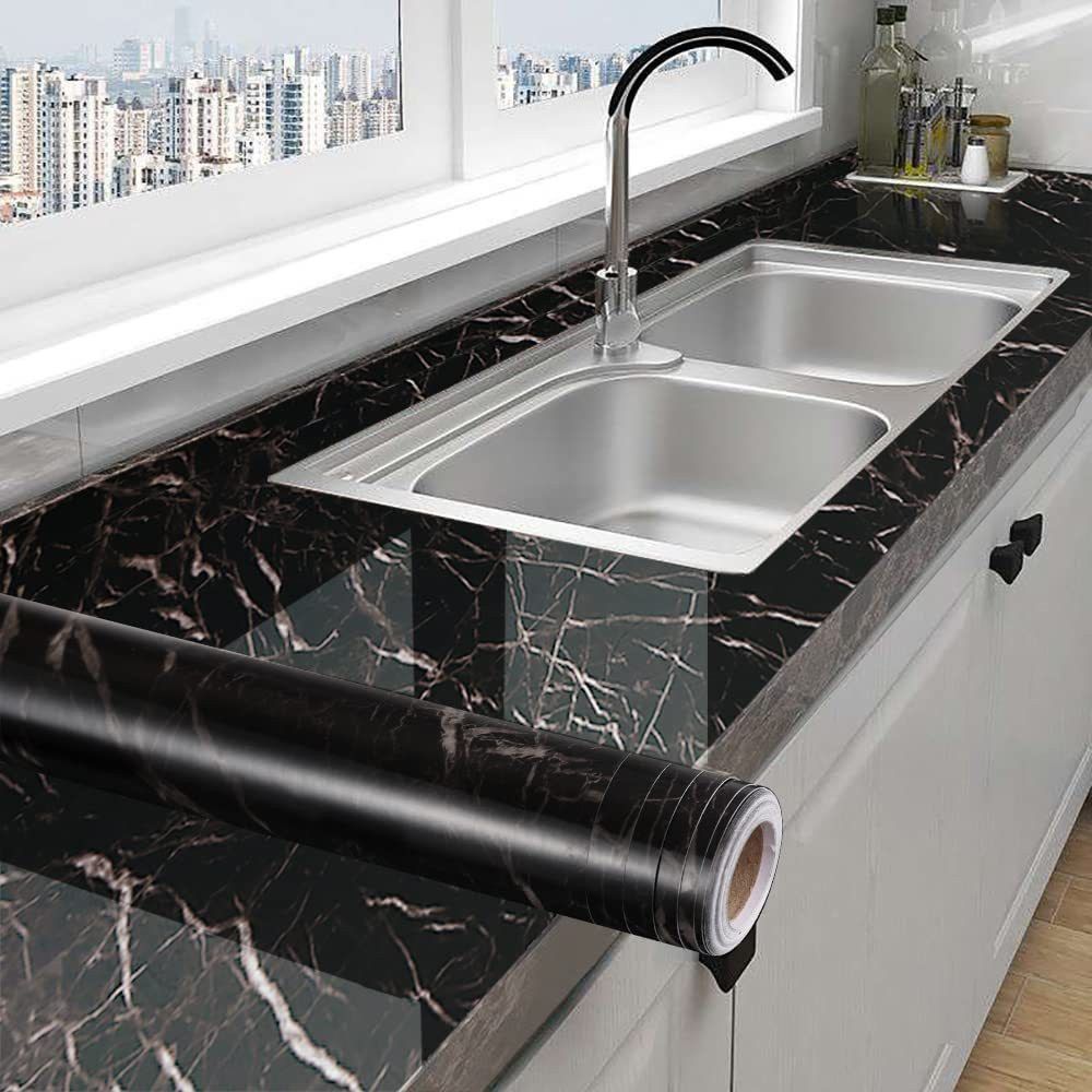 200 cm Black Marble Contact Paper Counter Top Covers Peel and Stick Wallpaper Waterproof Removable Wall Paper Self Adhesive Film for Kitchen Countertops (Pack of 1, 2M) Self Adhesive Sticker-image-27