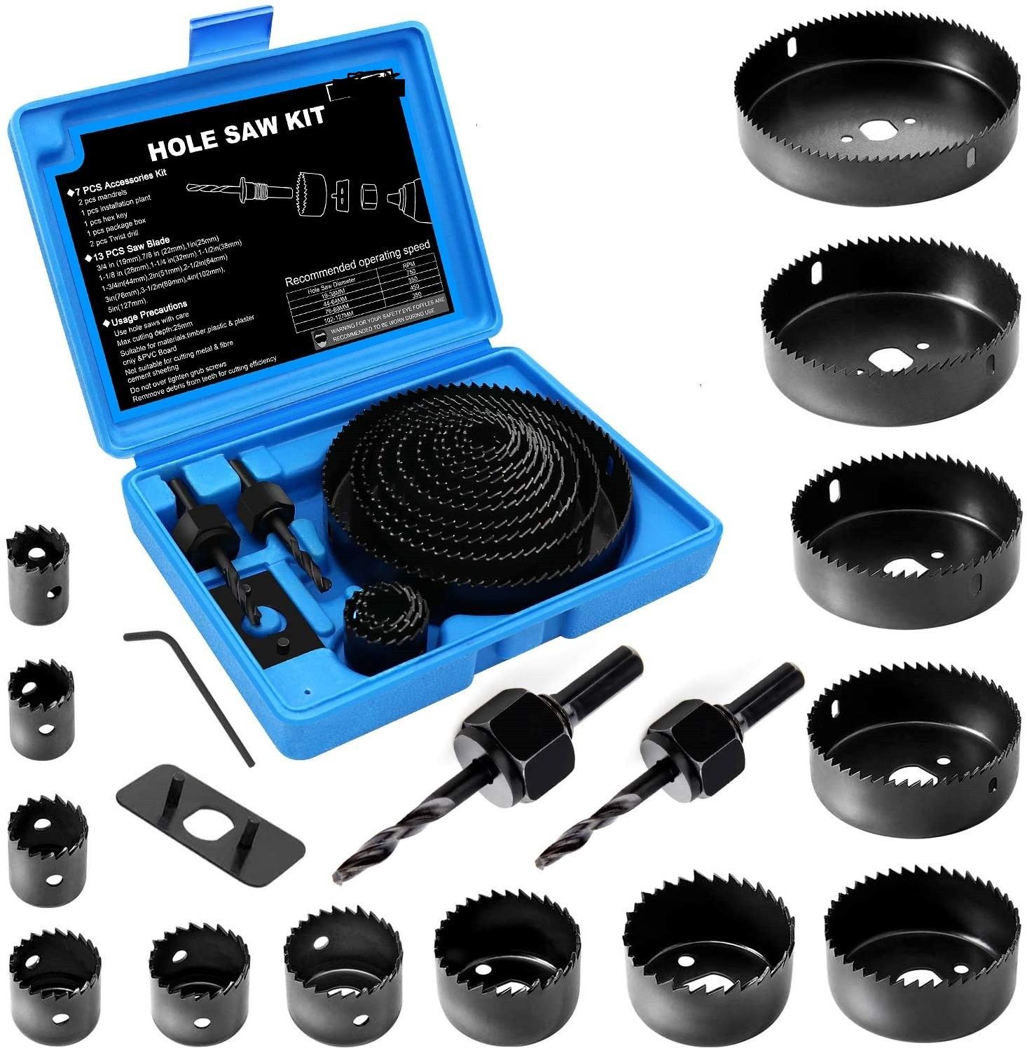 gadariya king Heavy qualityHole Saw Kit for Wood- 16 Pieces 3/4’’-5’’ Full Set in Case with 1pcs Hex Key, 2pcs Mandrels and 1pcs Install Plate for PVC Board Plastic Plate Drilling Drywall and Soft Wood Rotary Bit Set (16 Bits) Wood Cutter-picture-27